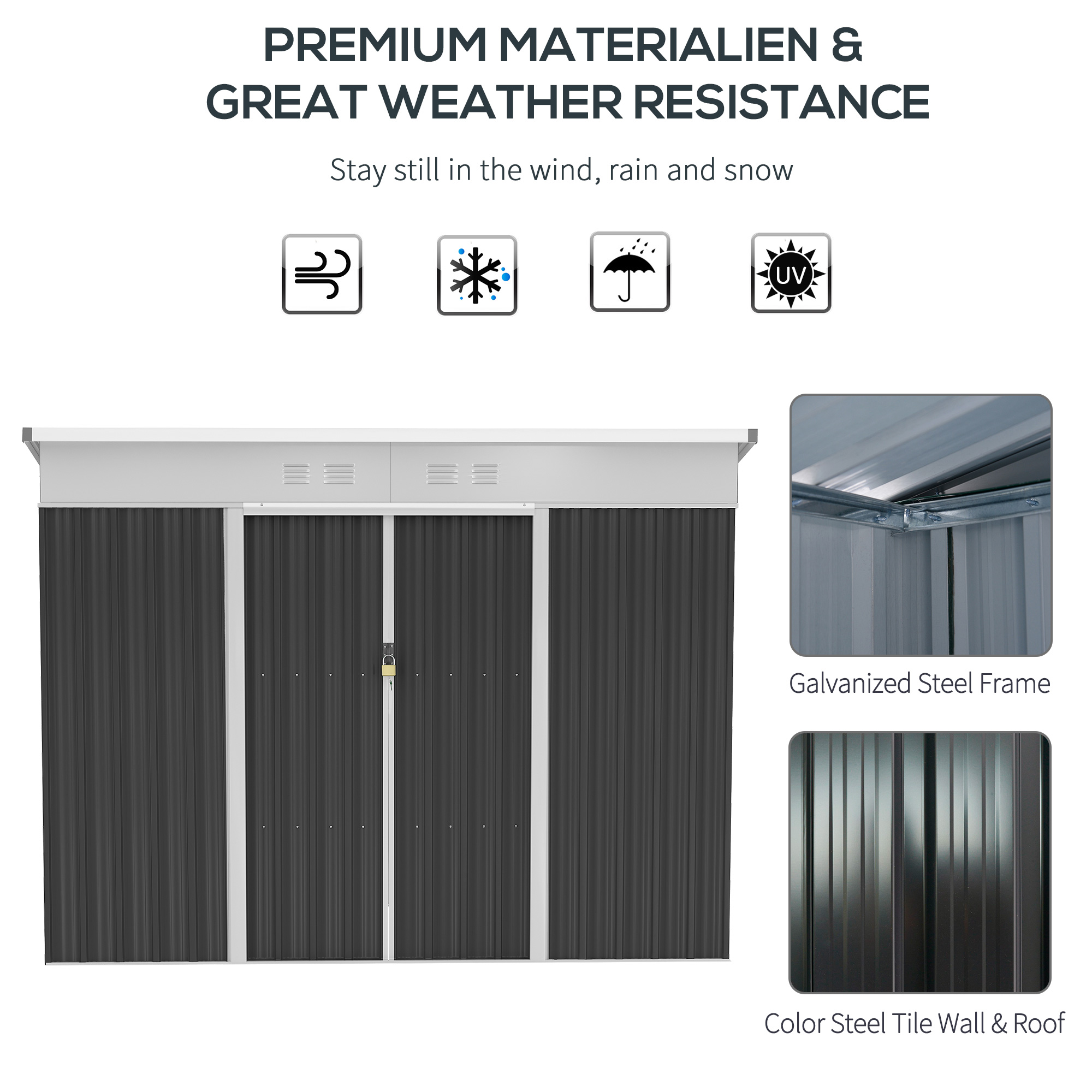 Outsunny 7.6 x 4.3ft Garden Storage Shed w/ Sliding Door Ventilation Window Sloped Roof Gardening Tool Storage Dark Grey