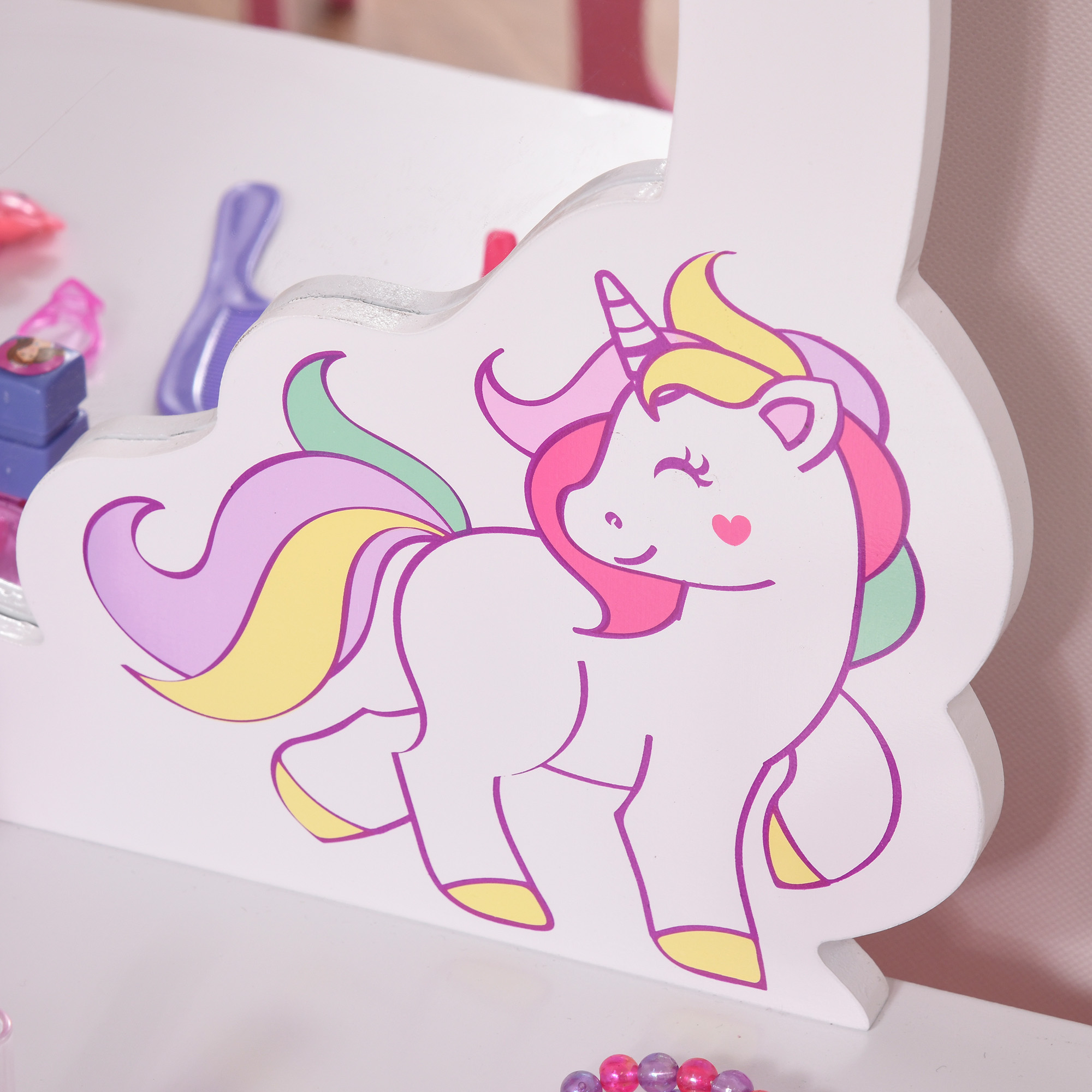 HOMCOM Girls Dressing Table w/ Mirror & Stool, Kids Dressing Table, Unicorn Pretend Play Toy for Toddles Age 3-6 Years, Acrylic Mirror, Pink & White