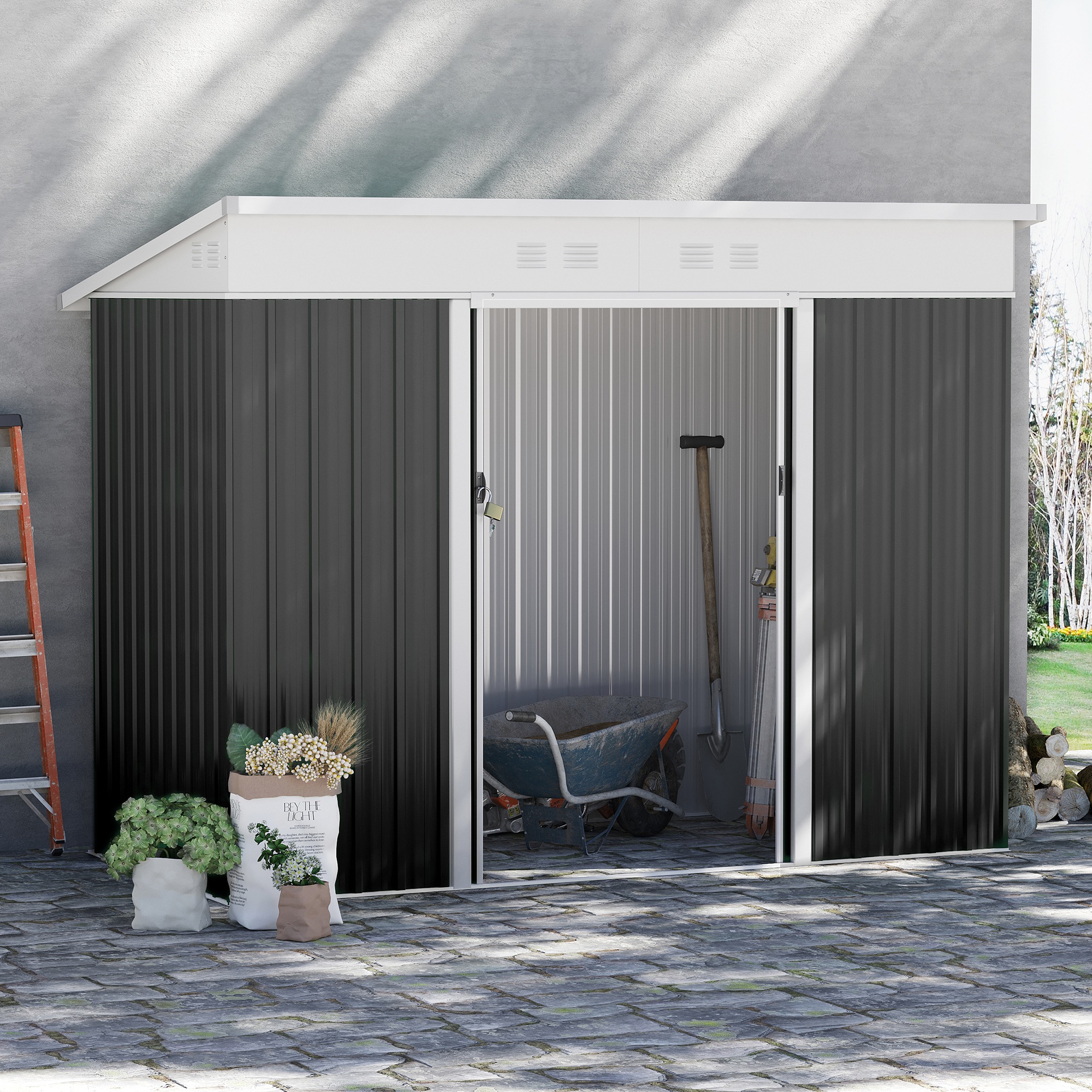Outsunny 7.6 x 4.3ft Garden Storage Shed w/ Sliding Door Ventilation Window Sloped Roof Gardening Tool Storage Dark Grey