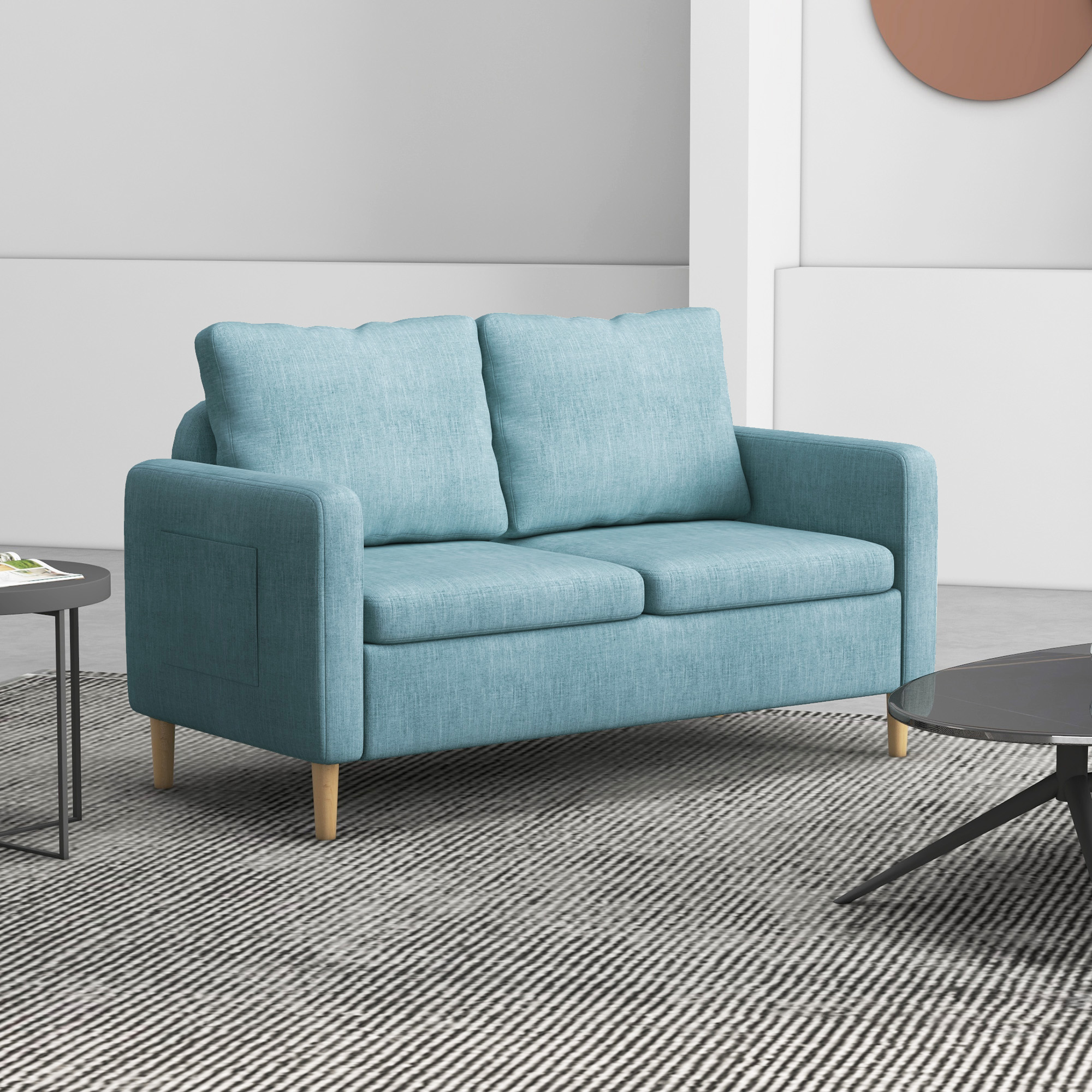 HOMCOM 143cm 2 Seater Sofa for Living Room, Modern Fabric Couch, Loveseat Sofa Settee with Wood Legs and 2 Pockets for Bedroom and Home Office, Blue
