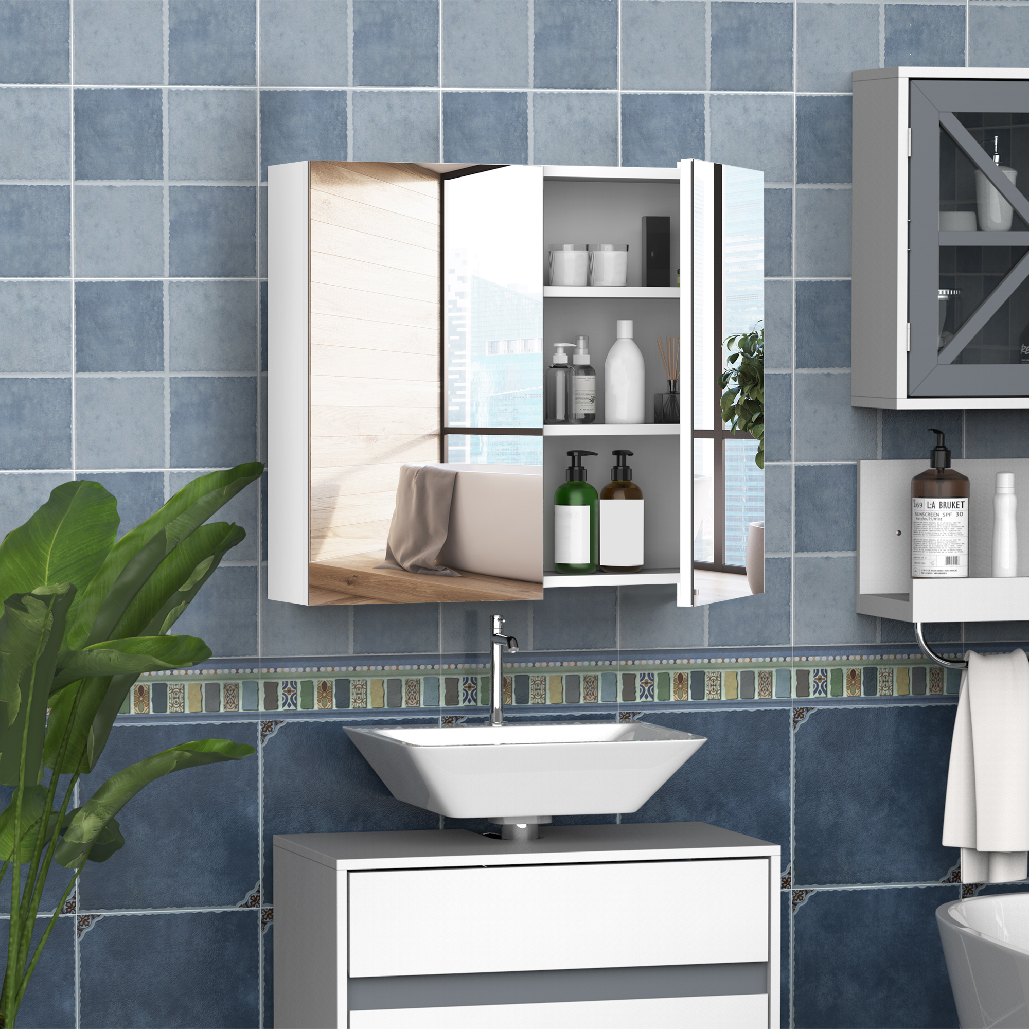 HOMCOM Wall Mounted Bathroom Mirror Cabinet, Double Door Storage Cupboard with Adjustable Shelf, 60H x 70W x 15D cm, White