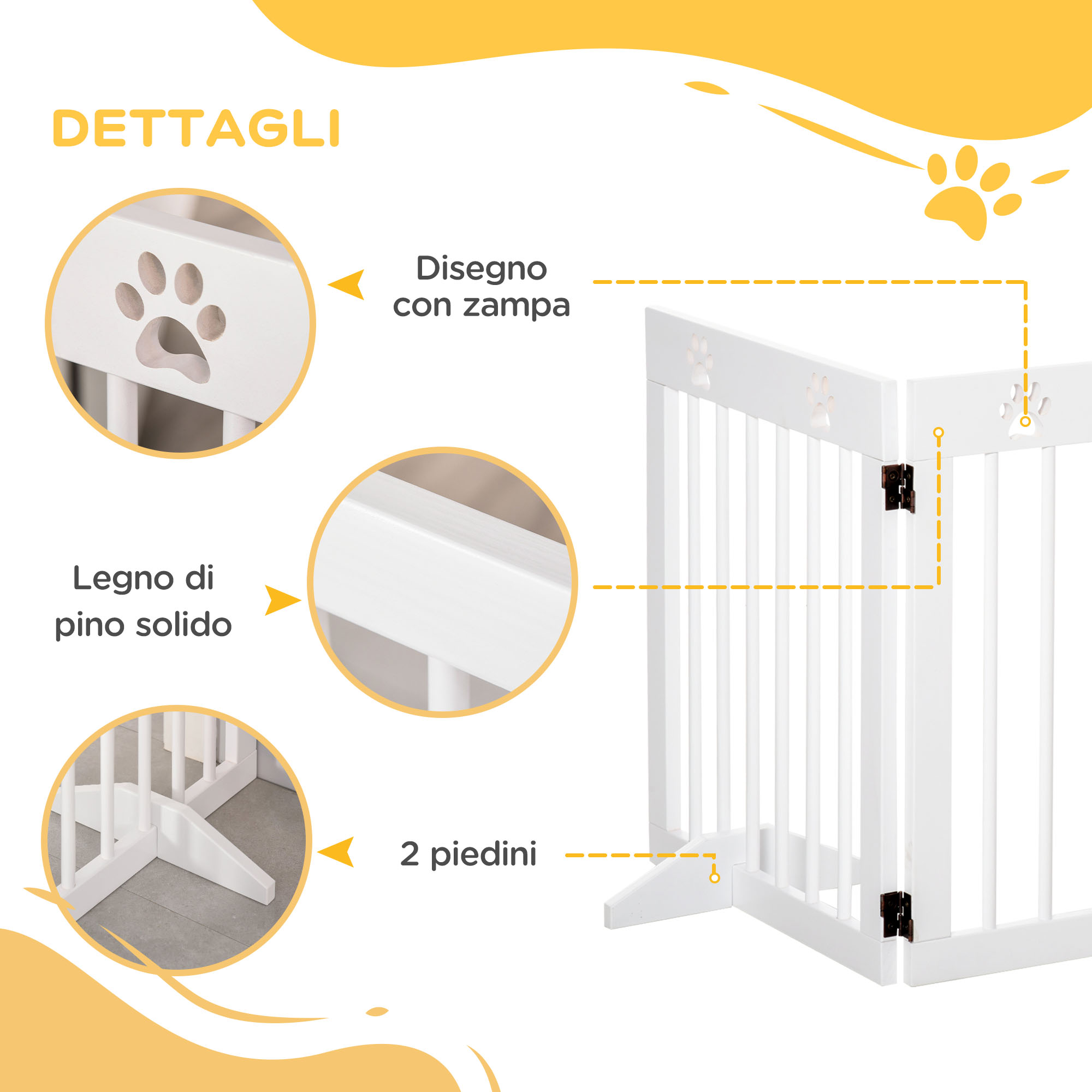 Cancellino Pieghevole Per Cani PawHut 4 Pannelli In Legno E Acciaio – Barriera Di Sicurezza Con Piedini Antiscivolo, 280x70 Cm, Bianco