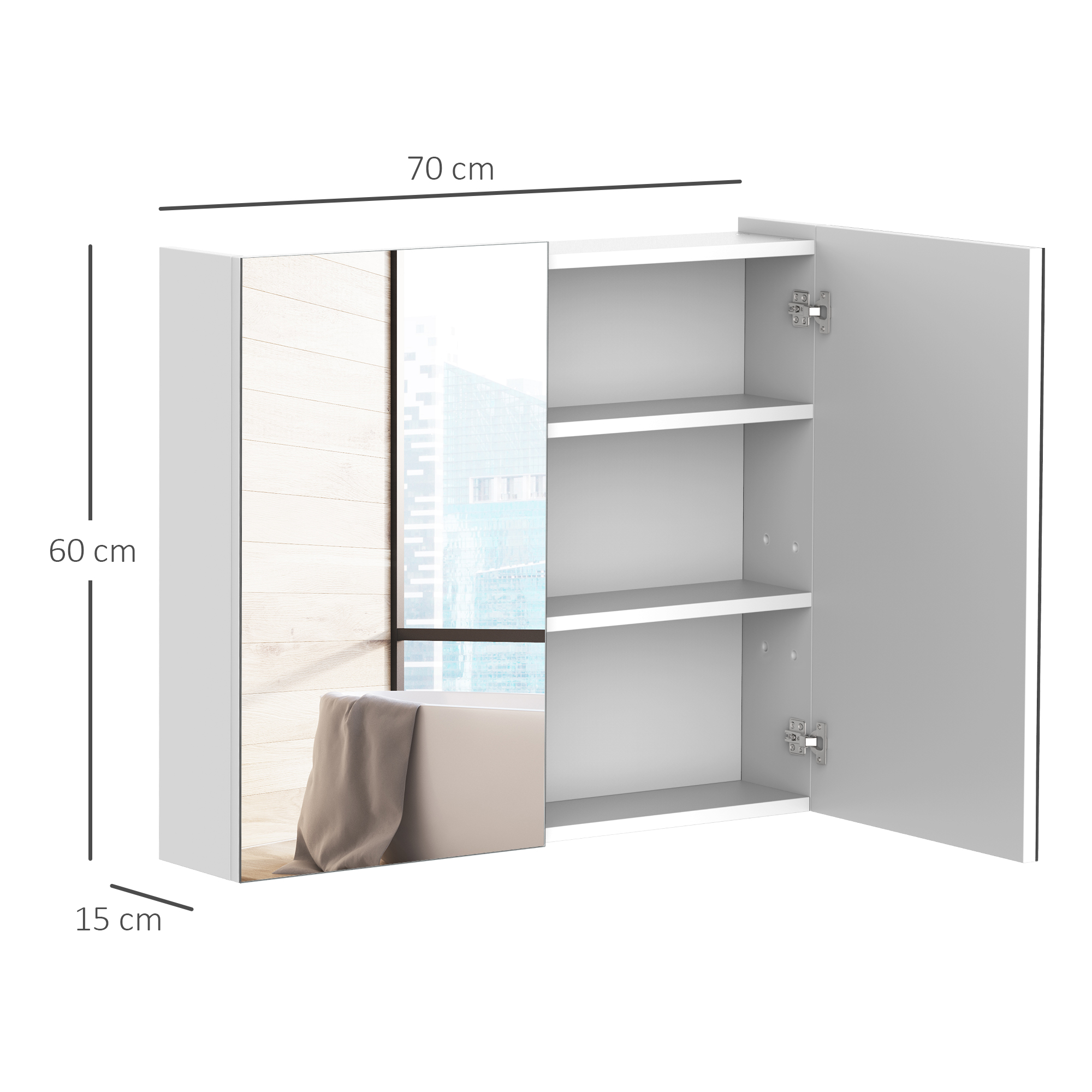 HOMCOM Wall Mounted Bathroom Mirror Cabinet, Double Door Storage Cupboard with Adjustable Shelf, 60H x 70W x 15D cm, White