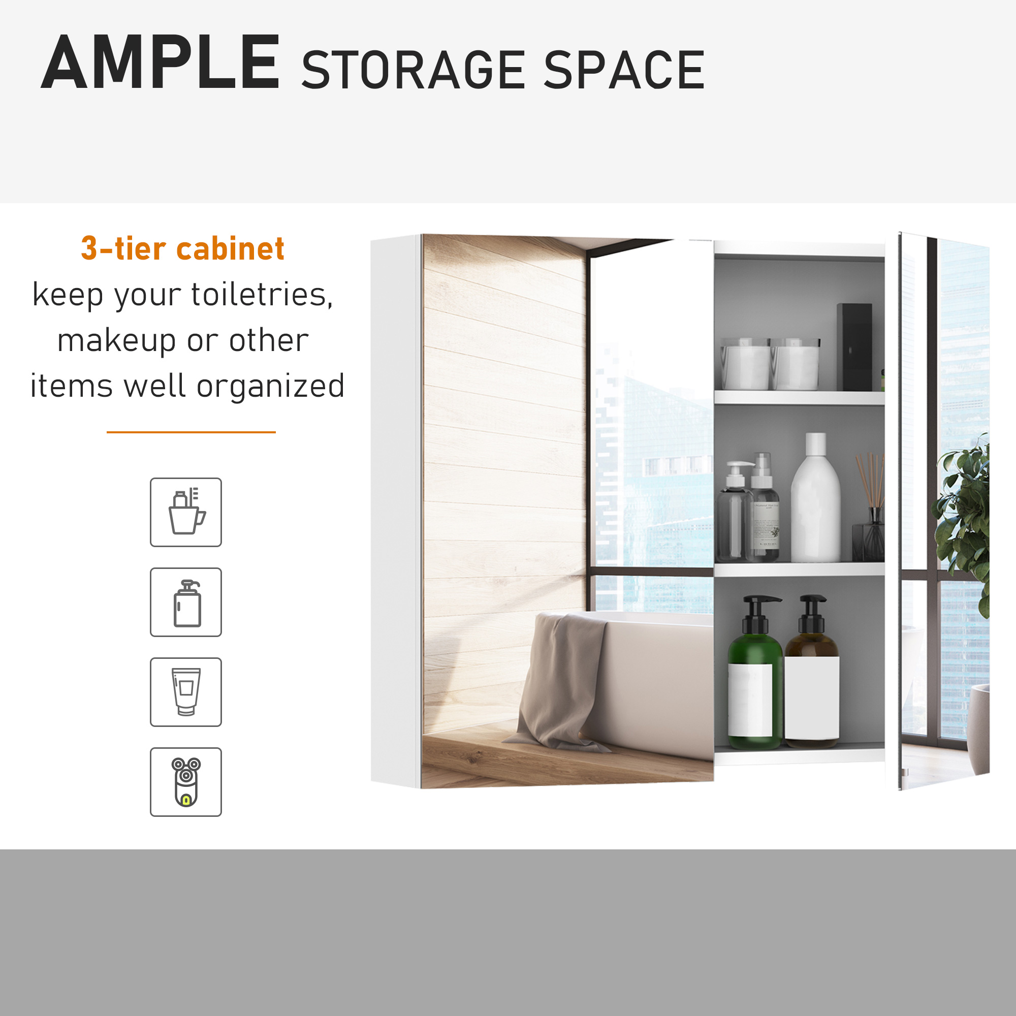 HOMCOM Wall Mounted Bathroom Mirror Cabinet, Double Door Storage Cupboard with Adjustable Shelf, 60H x 70W x 15D cm, White
