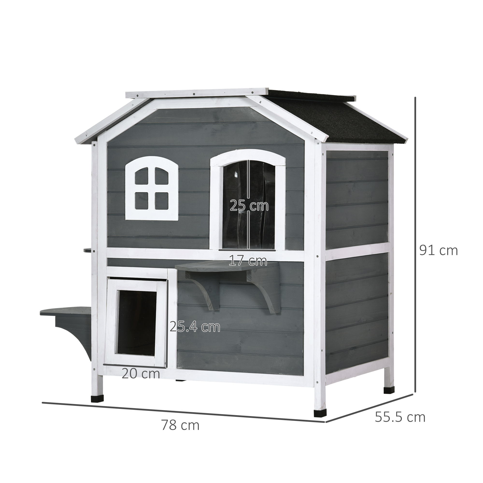 PawHut Solid Wood Cat Condos Pet House Water Proof Outdoor 2-Floor Villa, Grey