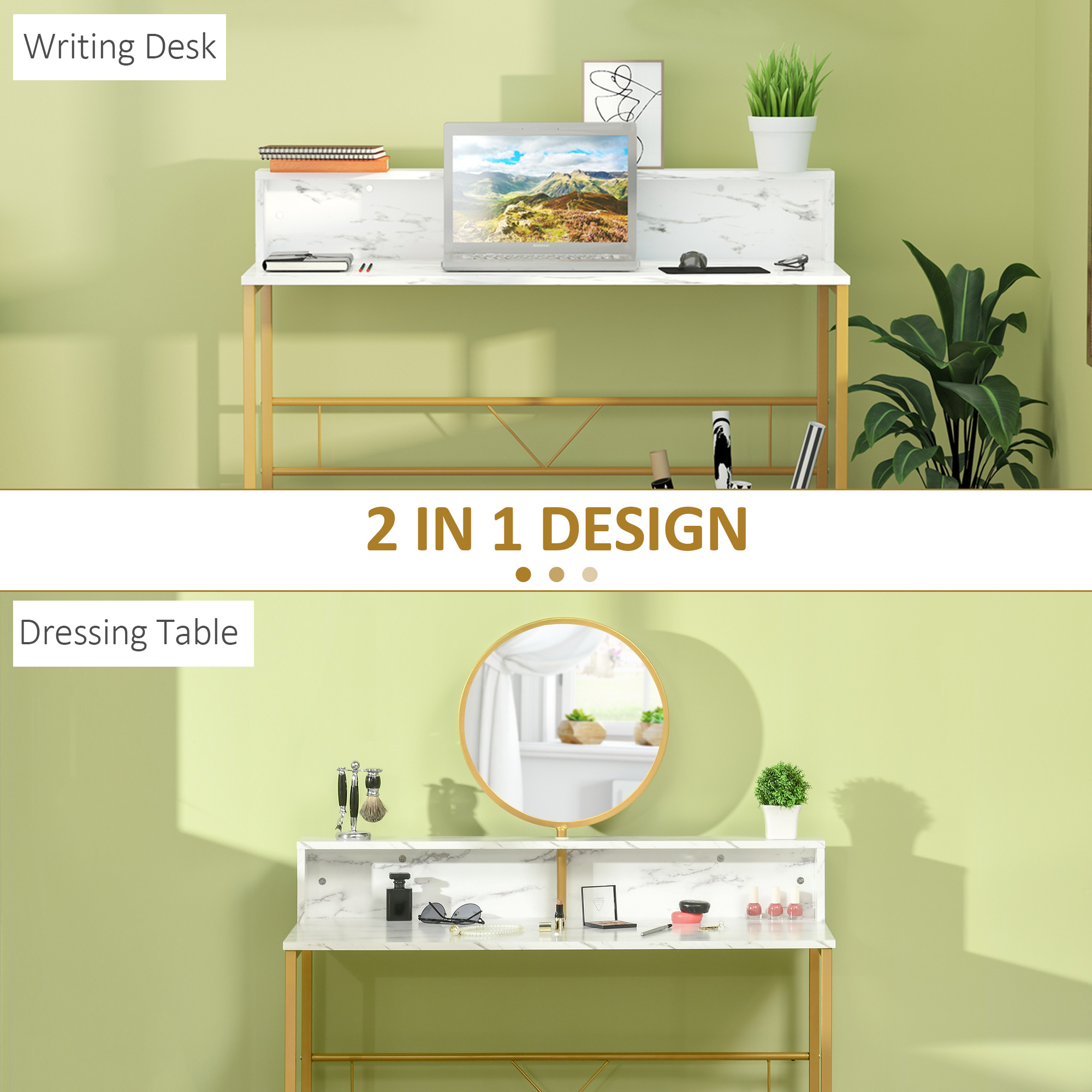 HOMCOM Vanity Dressing Table with Round Mirror, Modern Makeup Desk with Open Storage, Faux Marble & Steel Frame for Bedroom, White