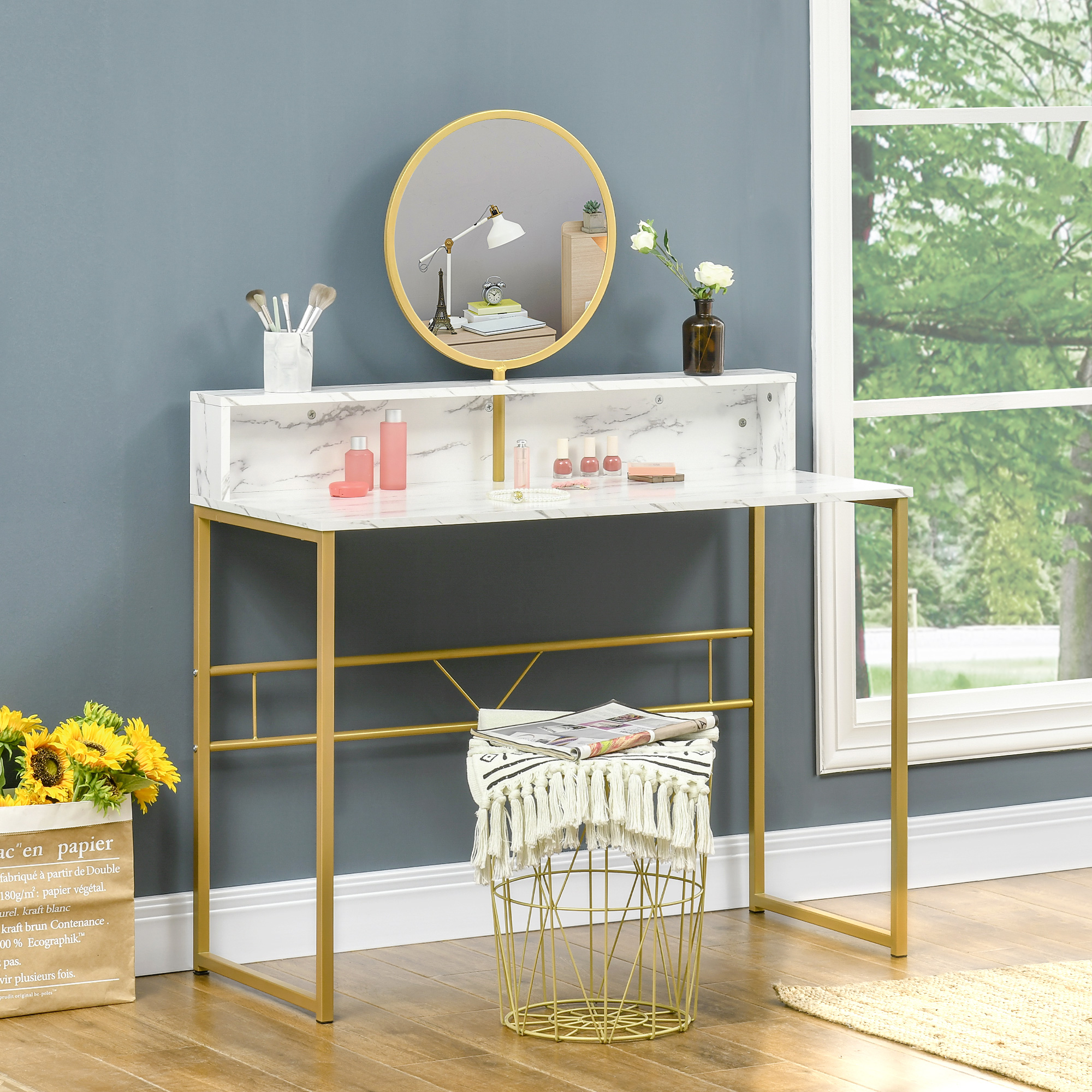 HOMCOM Vanity Dressing Table with Round Mirror, Modern Makeup Desk with Open Storage, Faux Marble & Steel Frame for Bedroom, White