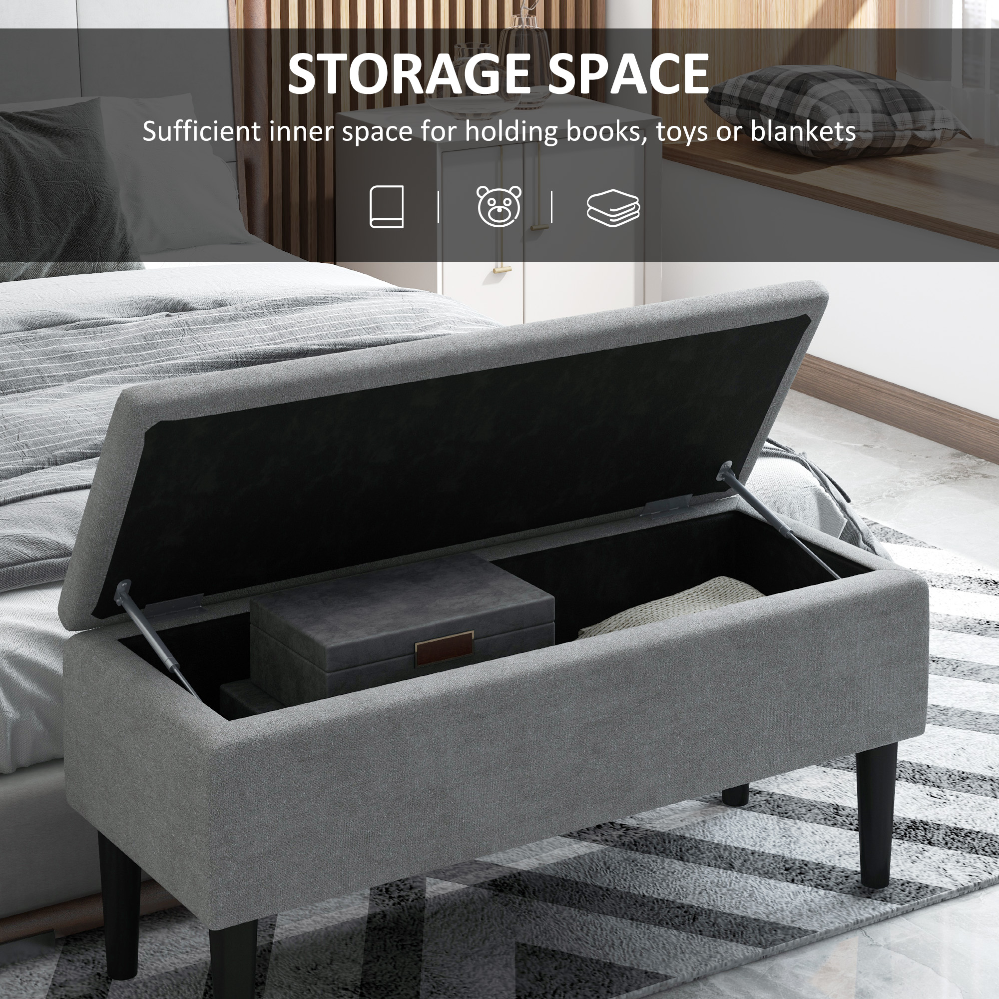 HOMCOM 15" Modern Ottoman Storage Box with Wooden Legs, 47L Storage Ottoman Holds up to 120KG, for Living Room, Bedroom, Grey