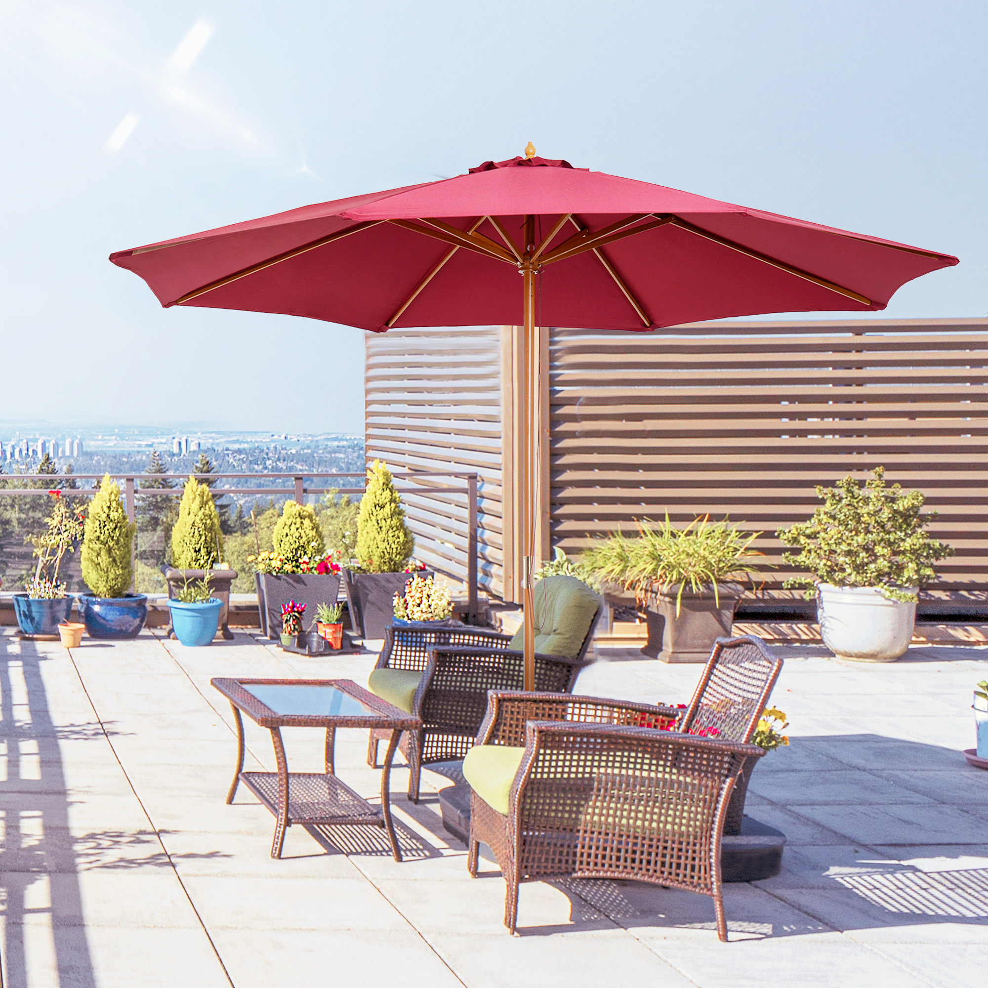 Outsunny âŒ€3m Bamboo Wooden Market Patio Umbrella Garden Parasol Outdoor Sunshade Canopy, 8-ribs,Wine Red