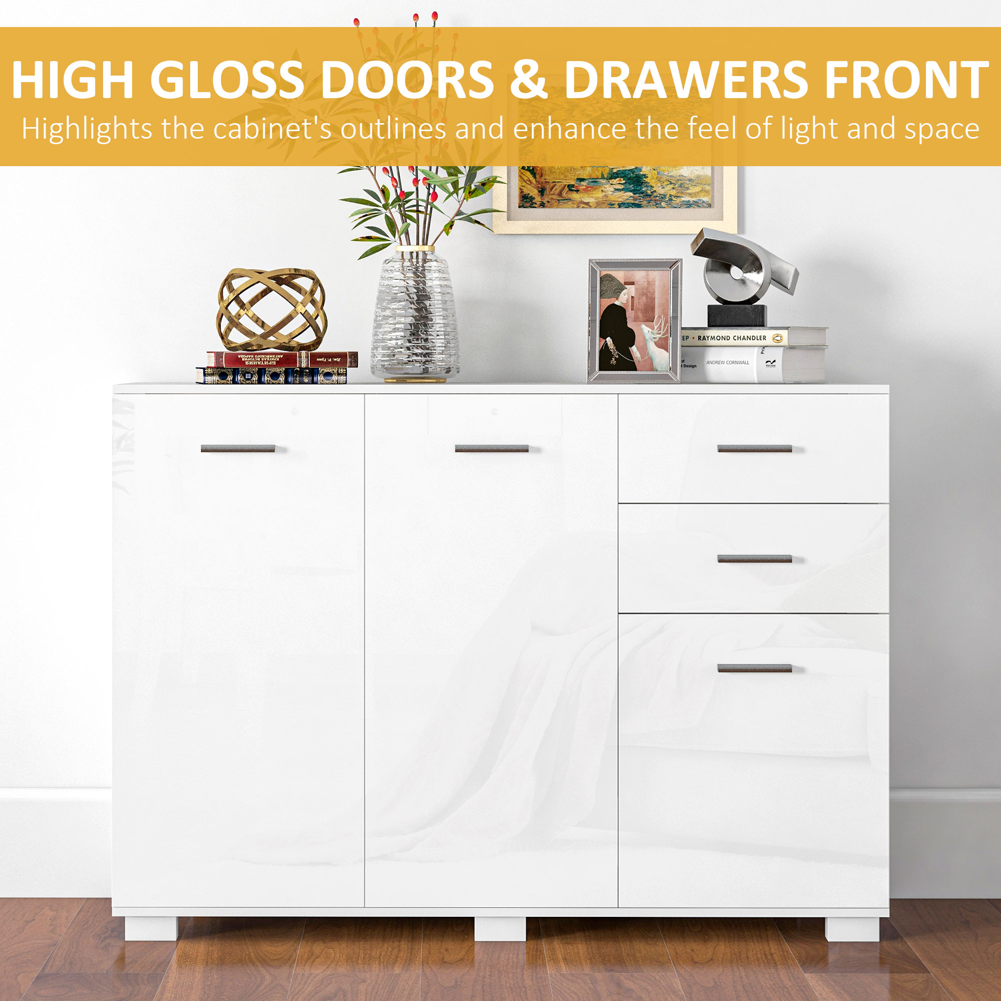 HOMCOM Sideboard, Modern Storage Cabinet w/ 2 Drawers, 3 Doors, Adjustable Shelves, Kitchen Cabinet for Living Room, Dining Room, High Gloss White