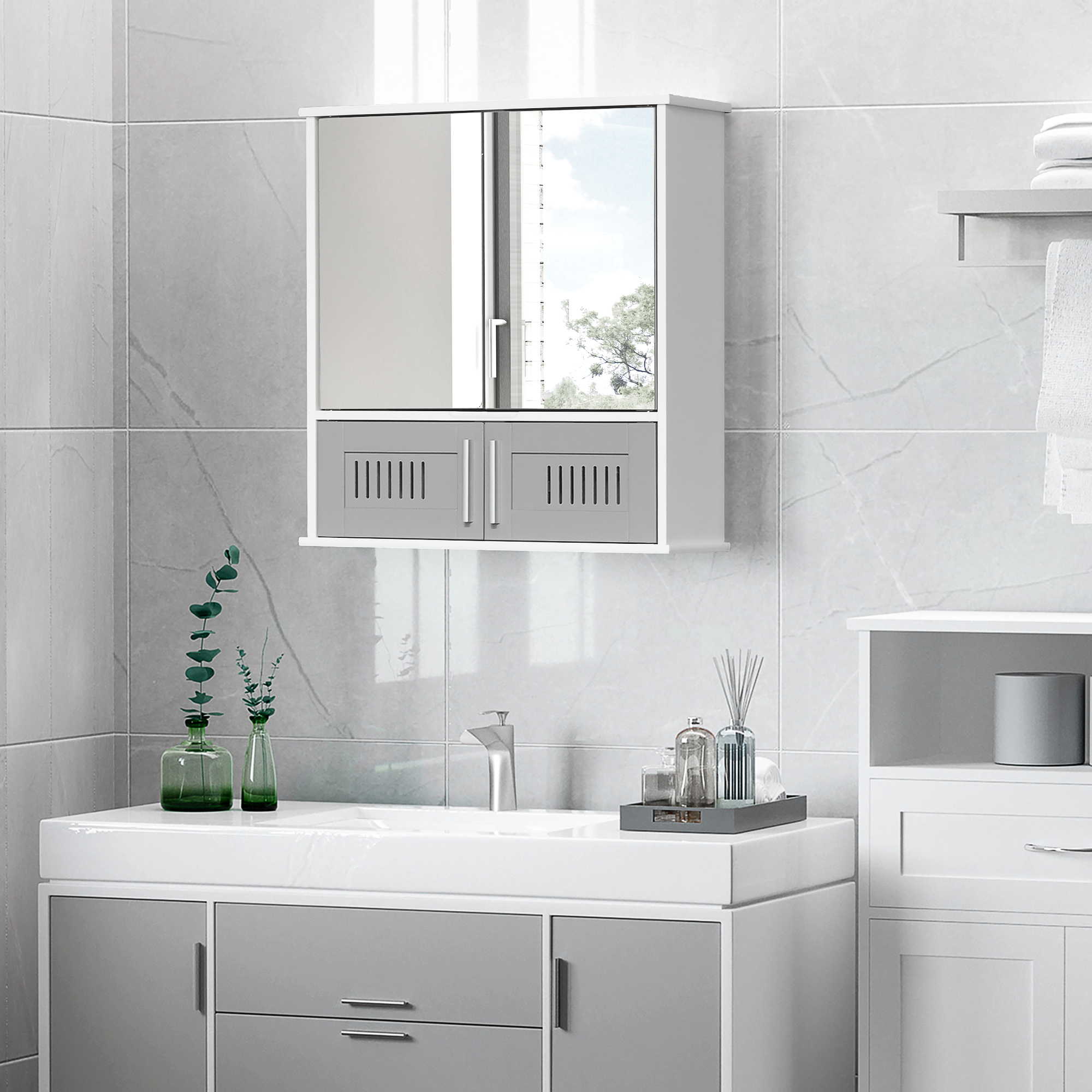 Kleankin Wall Mounted Bathroom Cabinet, Double Door Storage Cupboard with Adjustable Shelf, Grey, Space-Saving Bathroom Organiser