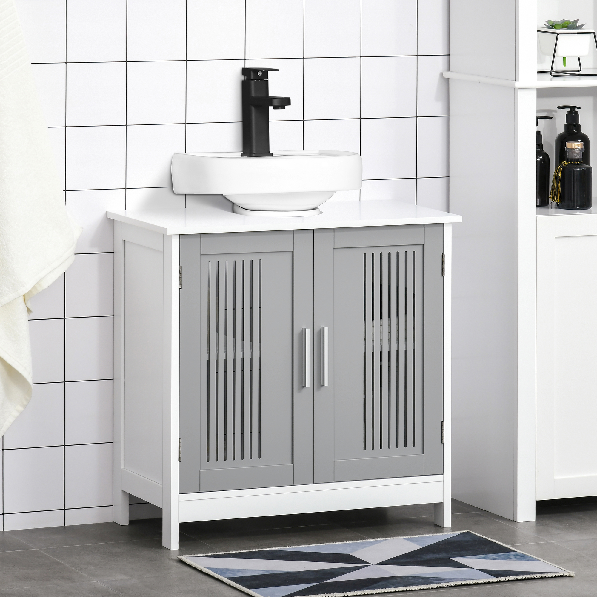 Kleankin Under Sink Cabinet with Double Doors, Modern Bathroom Vanity Unit, Storage Cupboard with Adjustable Shelves, Grey