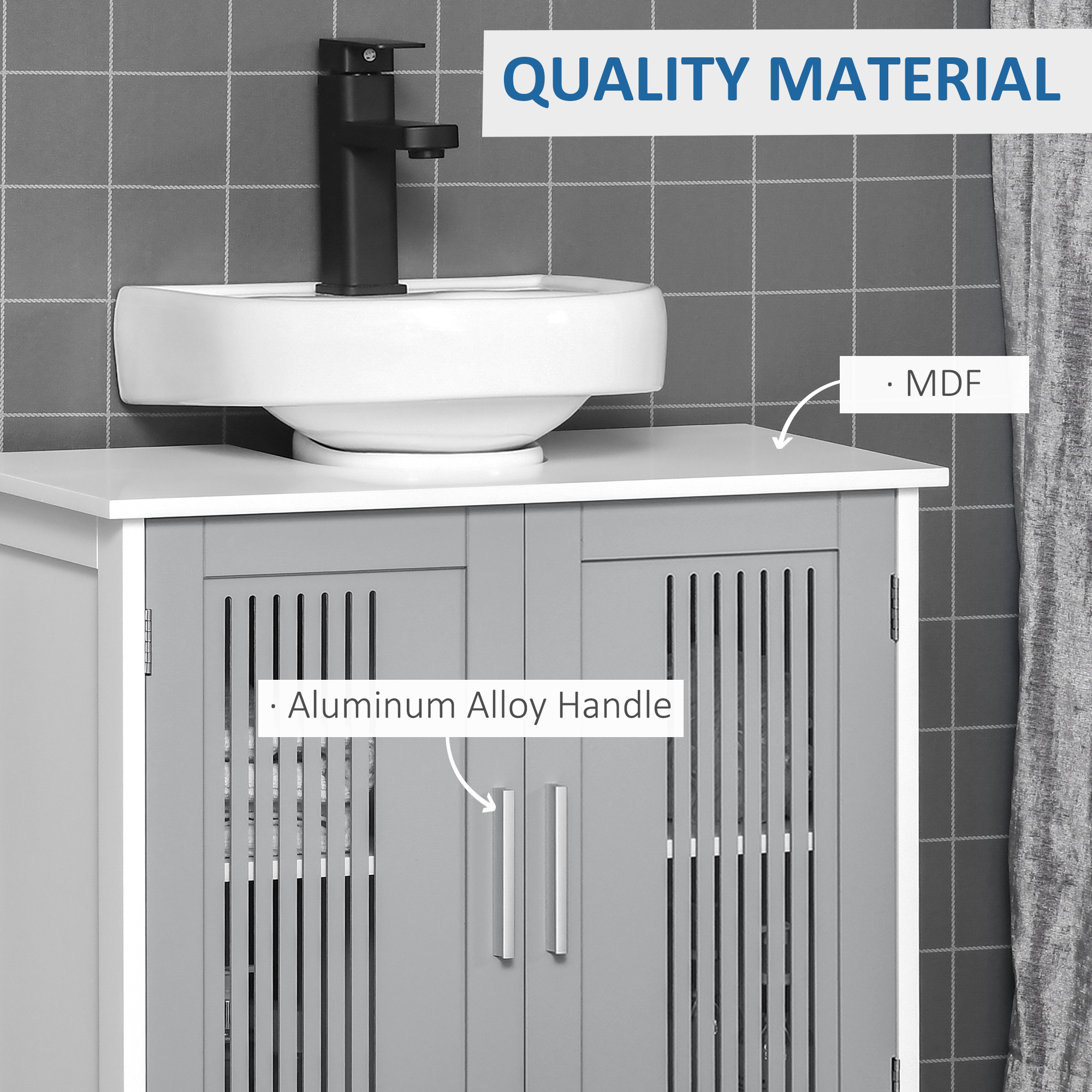 Kleankin Under Sink Cabinet with Double Doors, Modern Bathroom Vanity Unit, Storage Cupboard with Adjustable Shelves, Grey