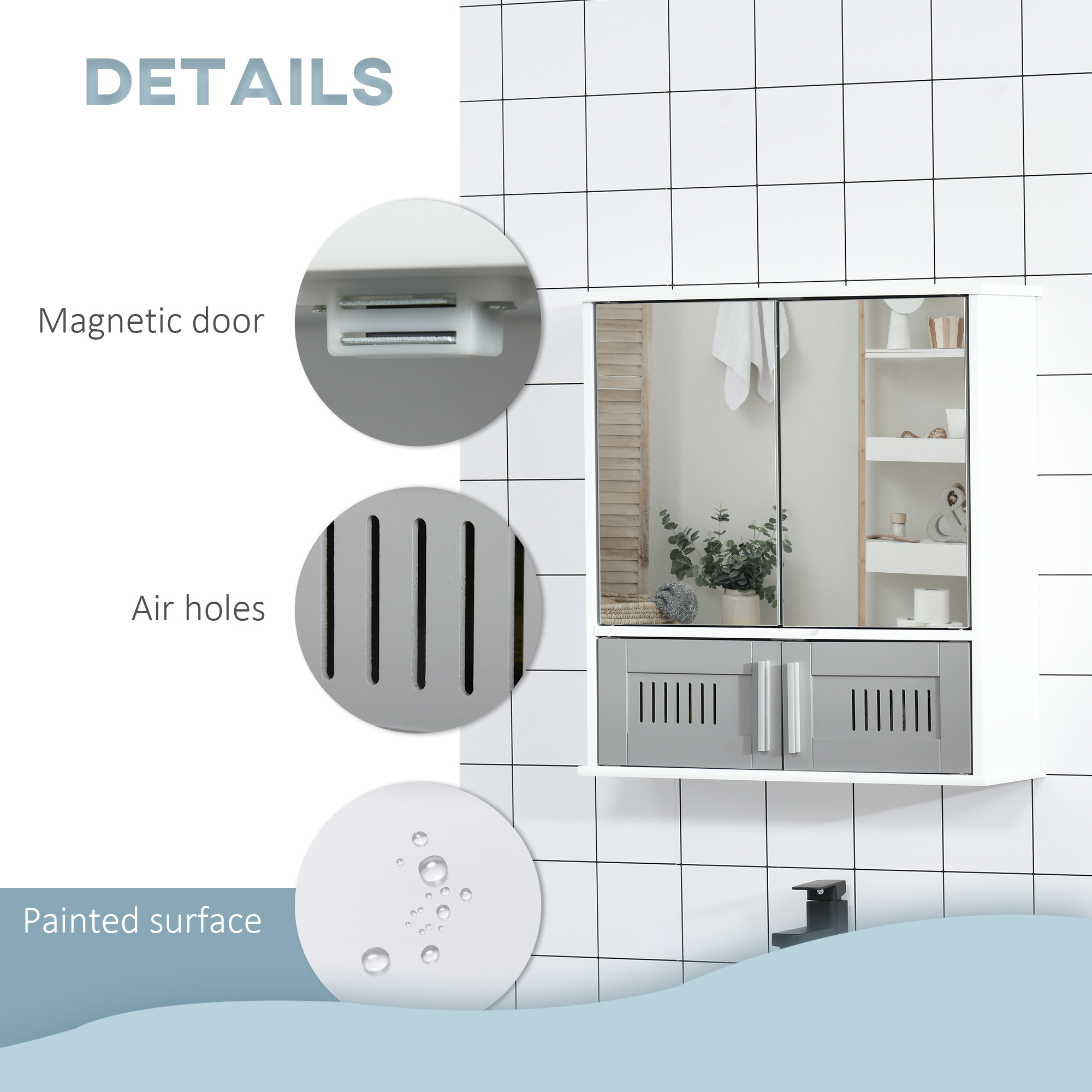 Kleankin Wall Mounted Bathroom Cabinet, Double Door Storage Cupboard with Adjustable Shelf, Grey, Space-Saving Bathroom Organiser