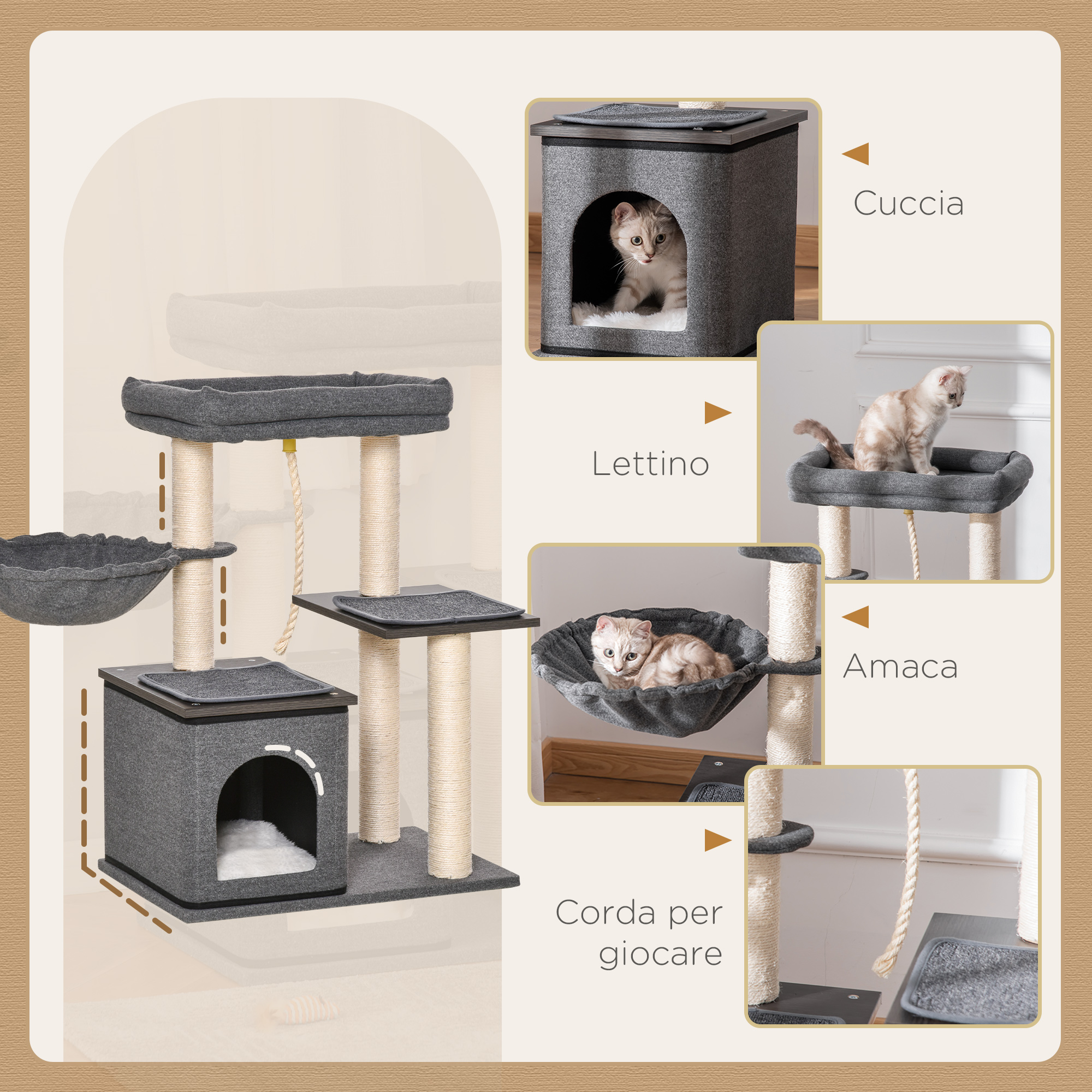 Albero Tiragraffi Per Gatti PawHut 100cm - Con Lettino Rotondo E Pali In Sisal, Grigio - Foto 4