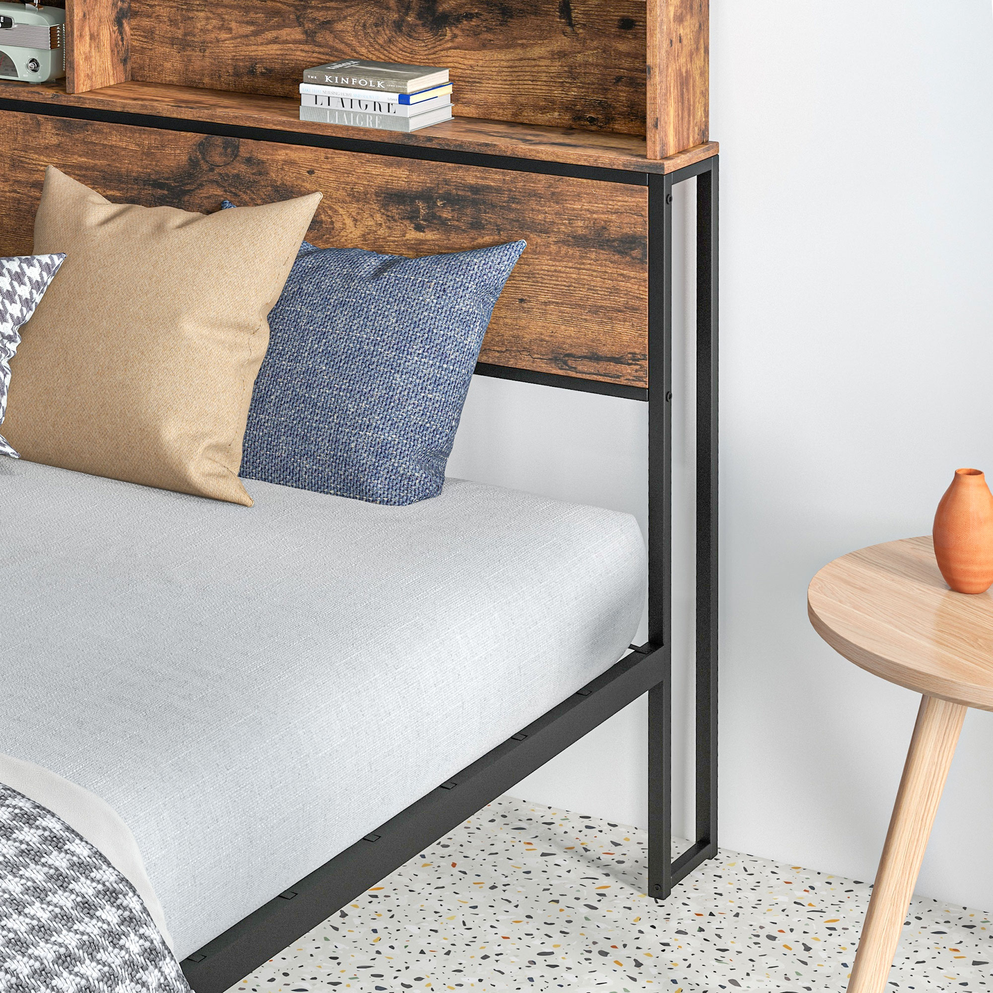 HOMCOM Industrial King Bed Frame, 5.2FT Steel Bed Base w/ Storage Headboard, Footboard, Under Bed Storage, 158 x 222cm, Rustic Brown