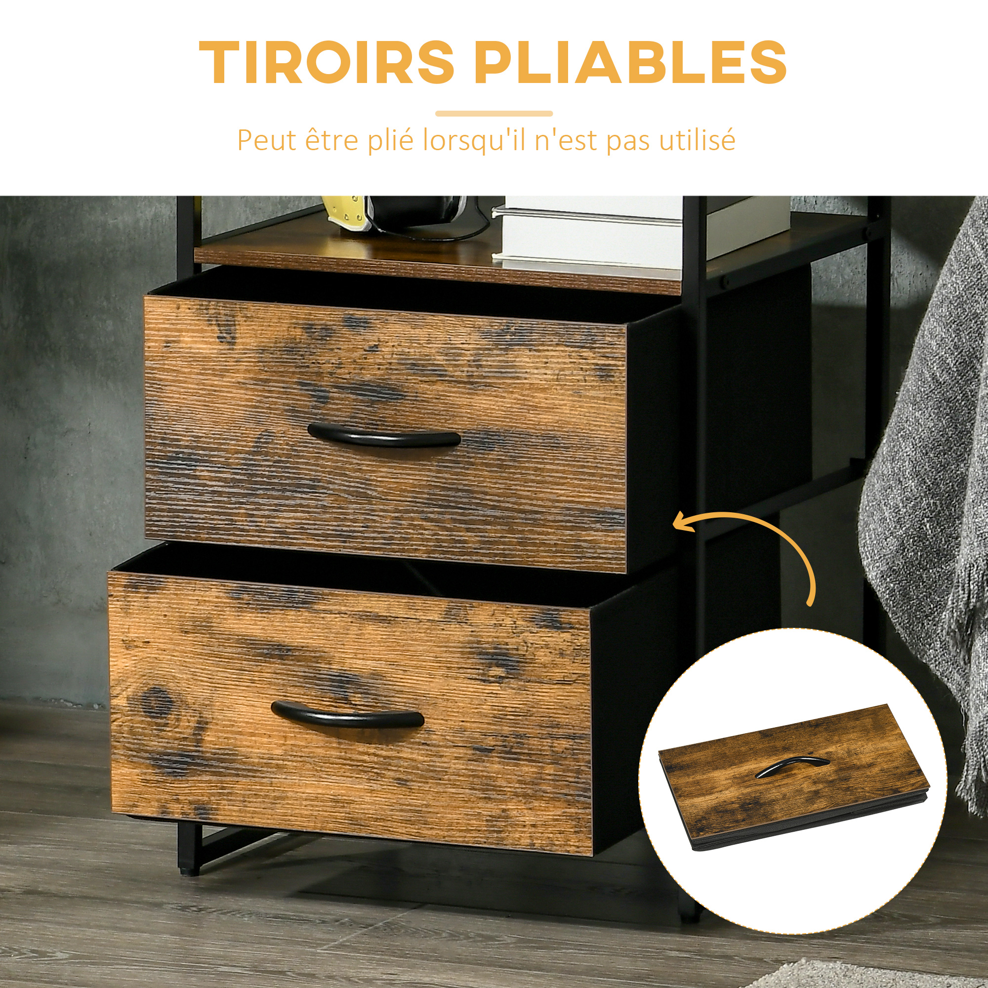 Commando De Rangement Style Industriel 6 Tiroirs En Tissu Et 2 étagères - Marron, 41x29x127 Cm - 3