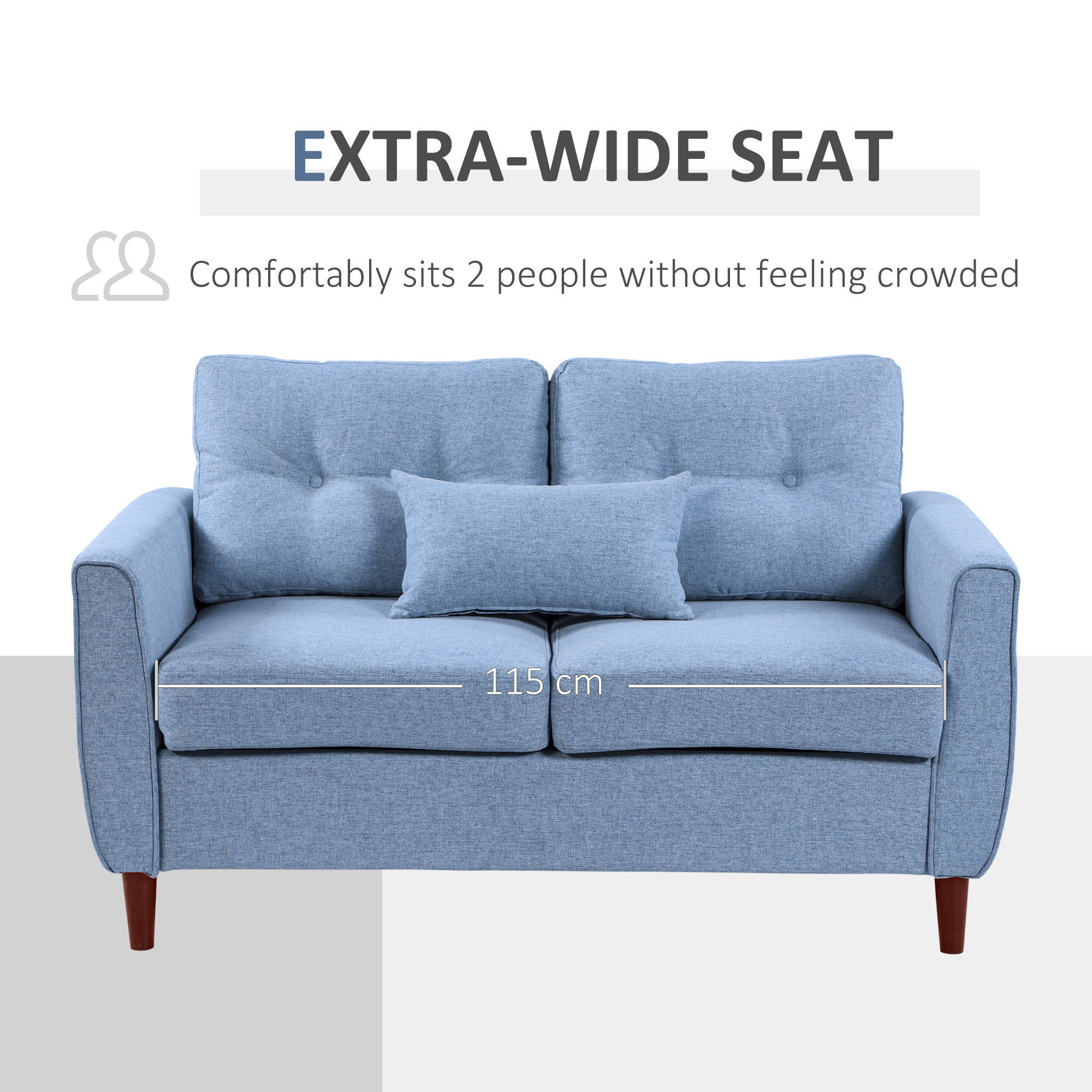 HOMCOM 2 Seat Sofa Double Sofa Loveseat Fabric Wooden Legs Tufted Design for Living Room, Dining Room, Office, Light Blue