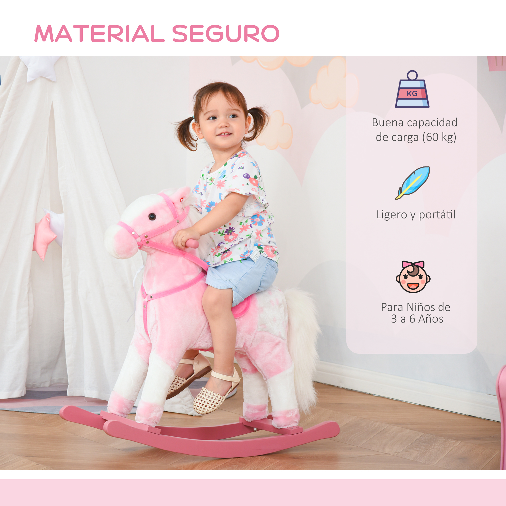 HOMCOM Caballito Balancín De Peluche Con Sonidos – Madera Y Felpa Para Niños De 3 A 6 Años, Base Estable Y Ligera (74x28x65 Cm)