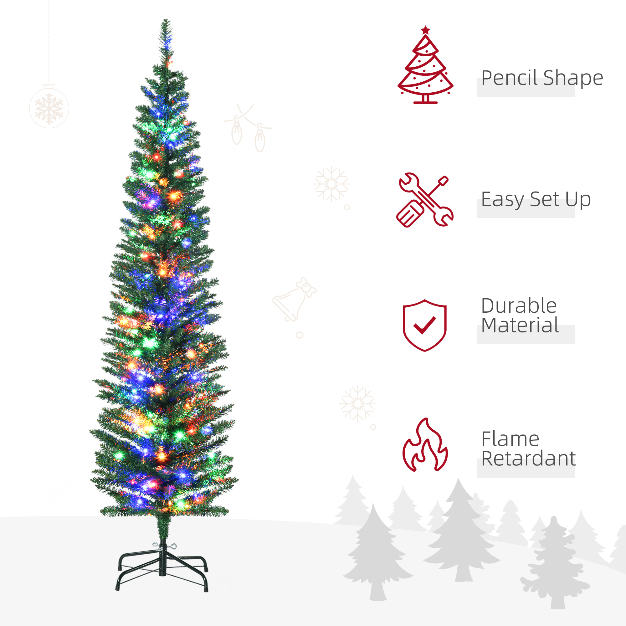 HOMCOM 6' Artificial Prelit Christmas Trees Holiday DÃ©cor with Colourful LED Lights, Pencil Shape, Steel Base