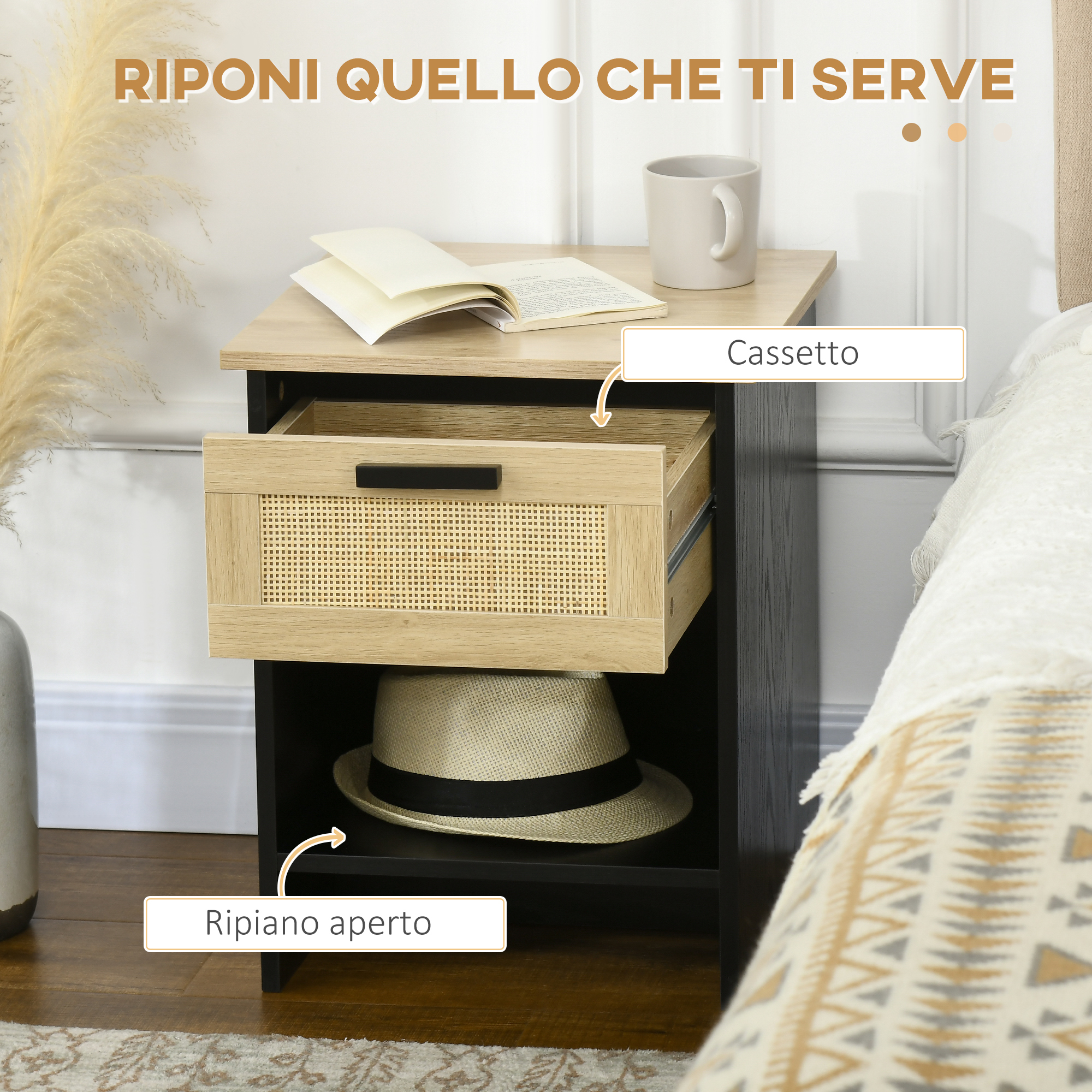 HOMCOM Comodino Bohémien Con Cassetto E Armadio In Rattan – 40x40x68 Cm – Stile Naturale - 3