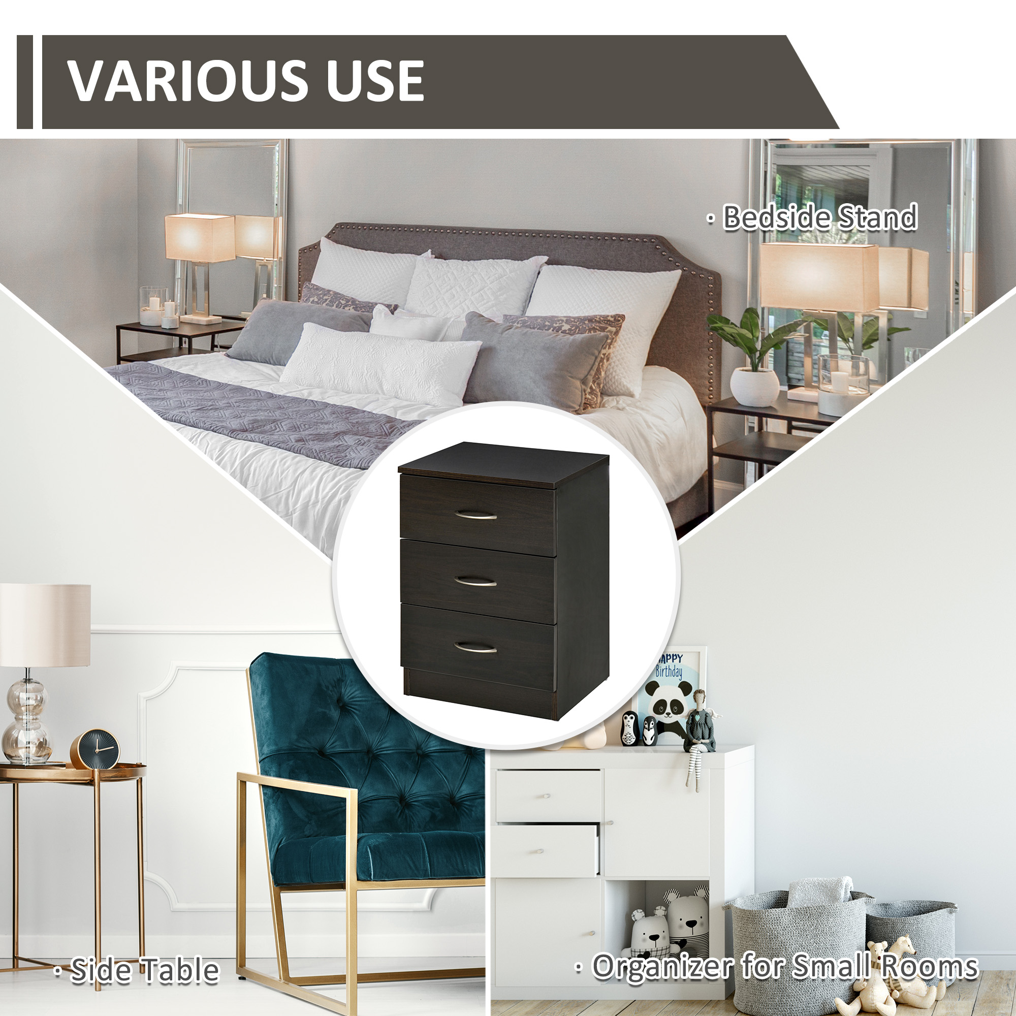 HOMCOM Bedside Cabinet with Drawer and Shelf, White Bedside Table for Bedroom, Living Room, Nightstand Side Table with Metal Rail Set of 2 4