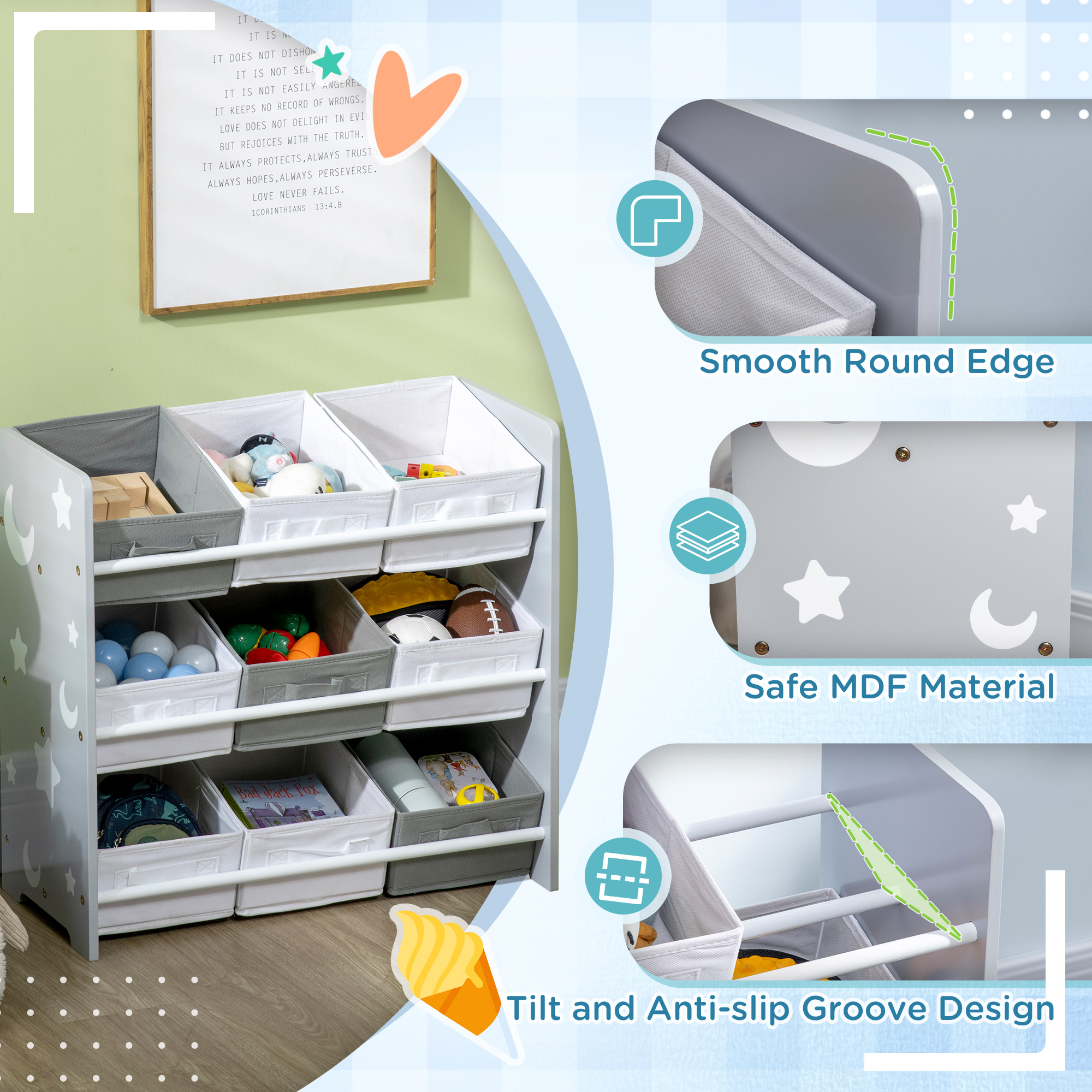 ZONEKIZ Nursery Playroom Storage Unit with 9 Bins, Children's Toy Organiser and Bookshelf, Grey