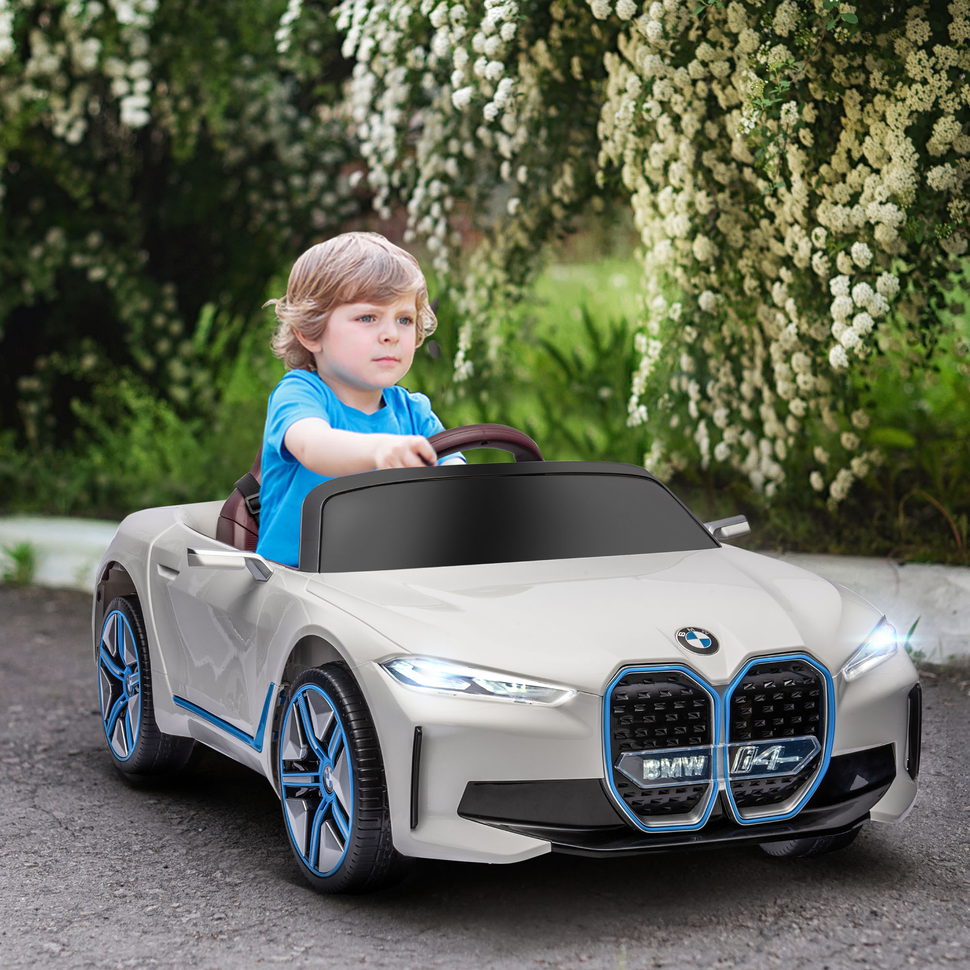 HOMCOM BMW i4 Licensed 12V Kids Electric Ride on Car w/ Remote Control, Powered Electric Car w/ Portable Battery, Music, for Kids Aged 3-6, White