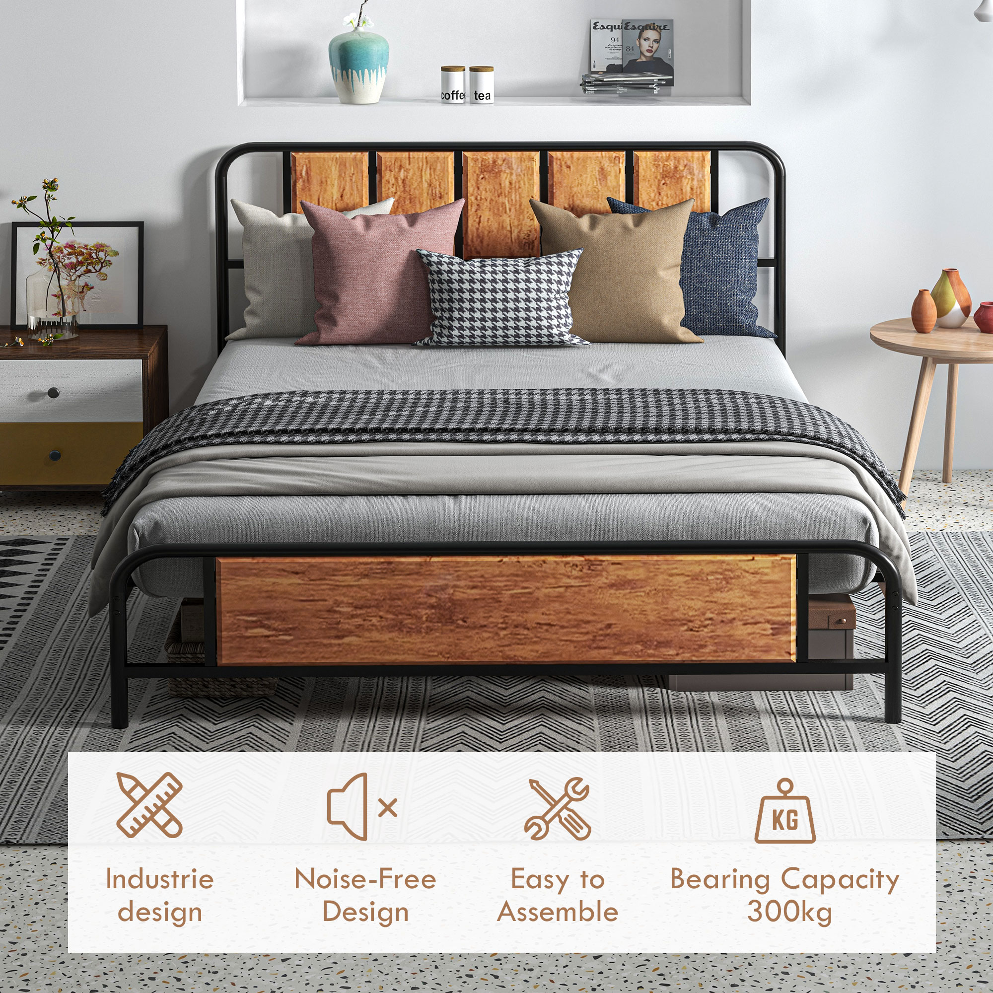 HOMCOM King Size Metal Bed Frame, Industrial Style Base with Headboard, Footboard, Steel Support Slats, and Underbed Storage Space, 160 x 207cm
