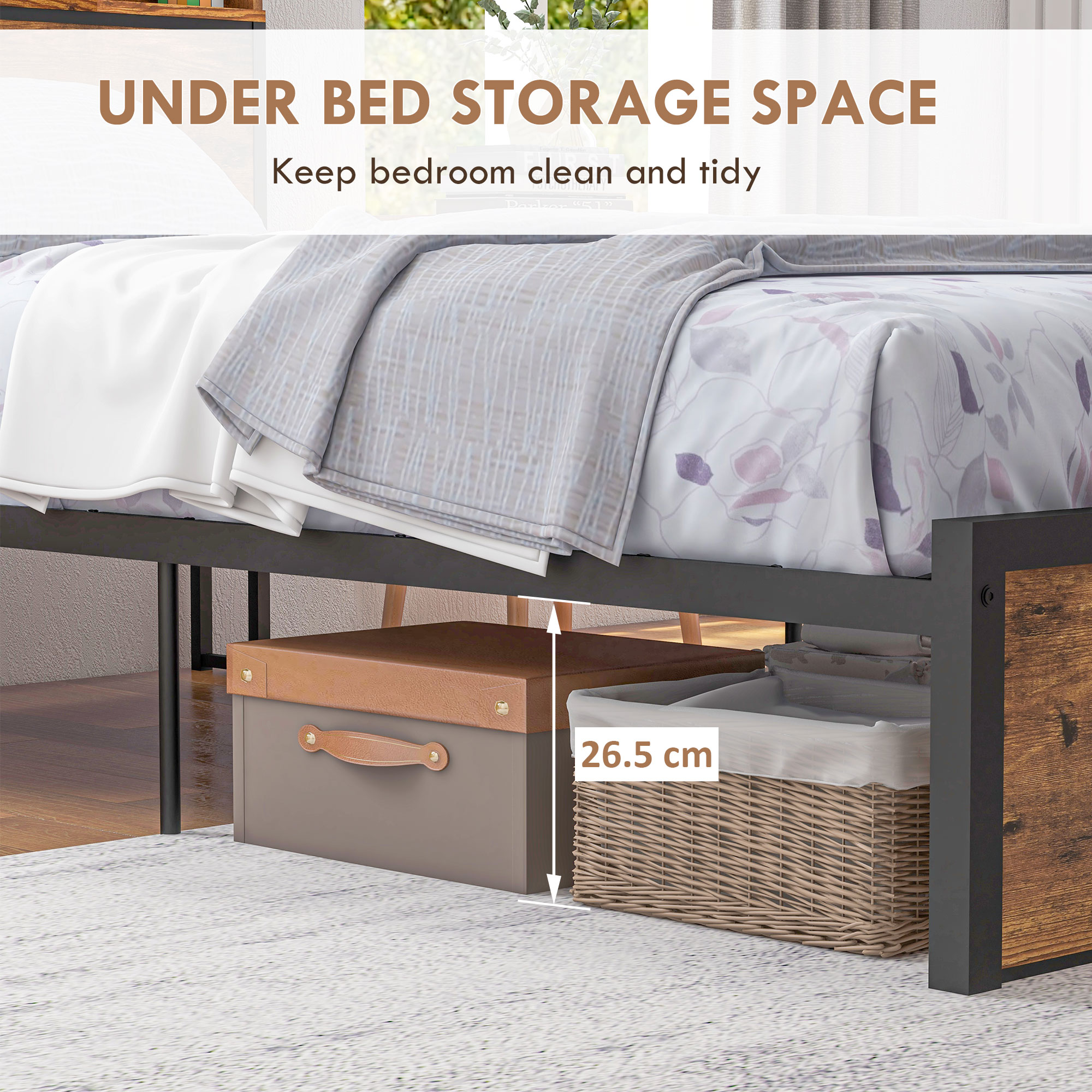 HOMCOM Industrial Single Bed Frame, 3.1FT Steel Bed Base w/ Storage Headboard, Footboard, Under Bed Storage, 95 x 209cm, Rustic Brown