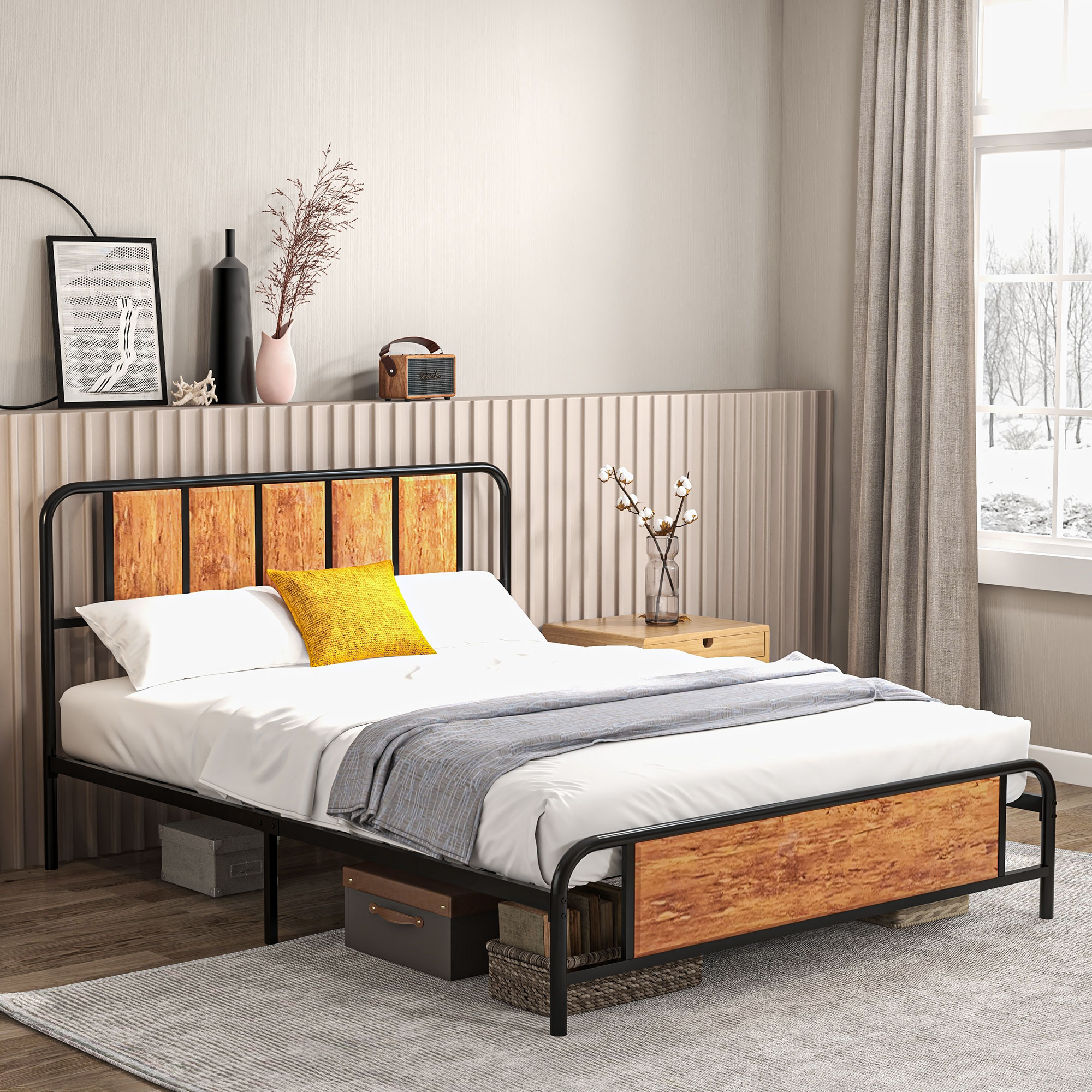 HOMCOM King Size Metal Bed Frame, Industrial Style Base with Headboard, Footboard, Steel Support Slats, and Underbed Storage Space, 160 x 207cm