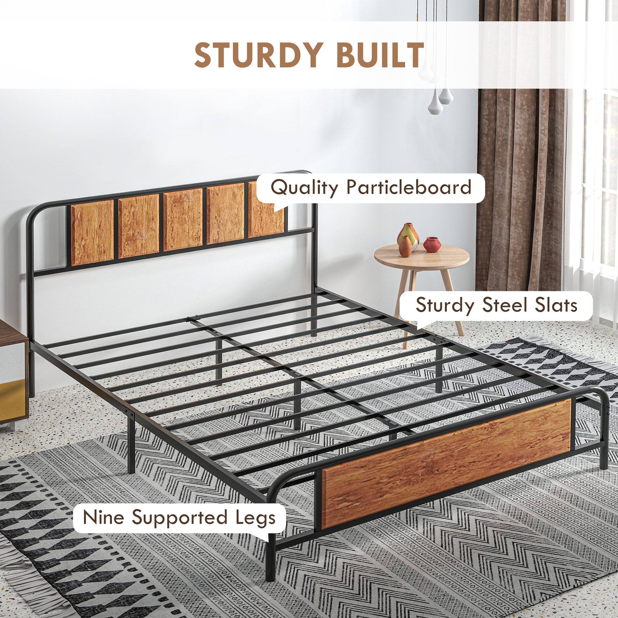HOMCOM King Size Metal Bed Frame, Industrial Style Base with Headboard, Footboard, Steel Support Slats, and Underbed Storage Space, 160 x 207cm