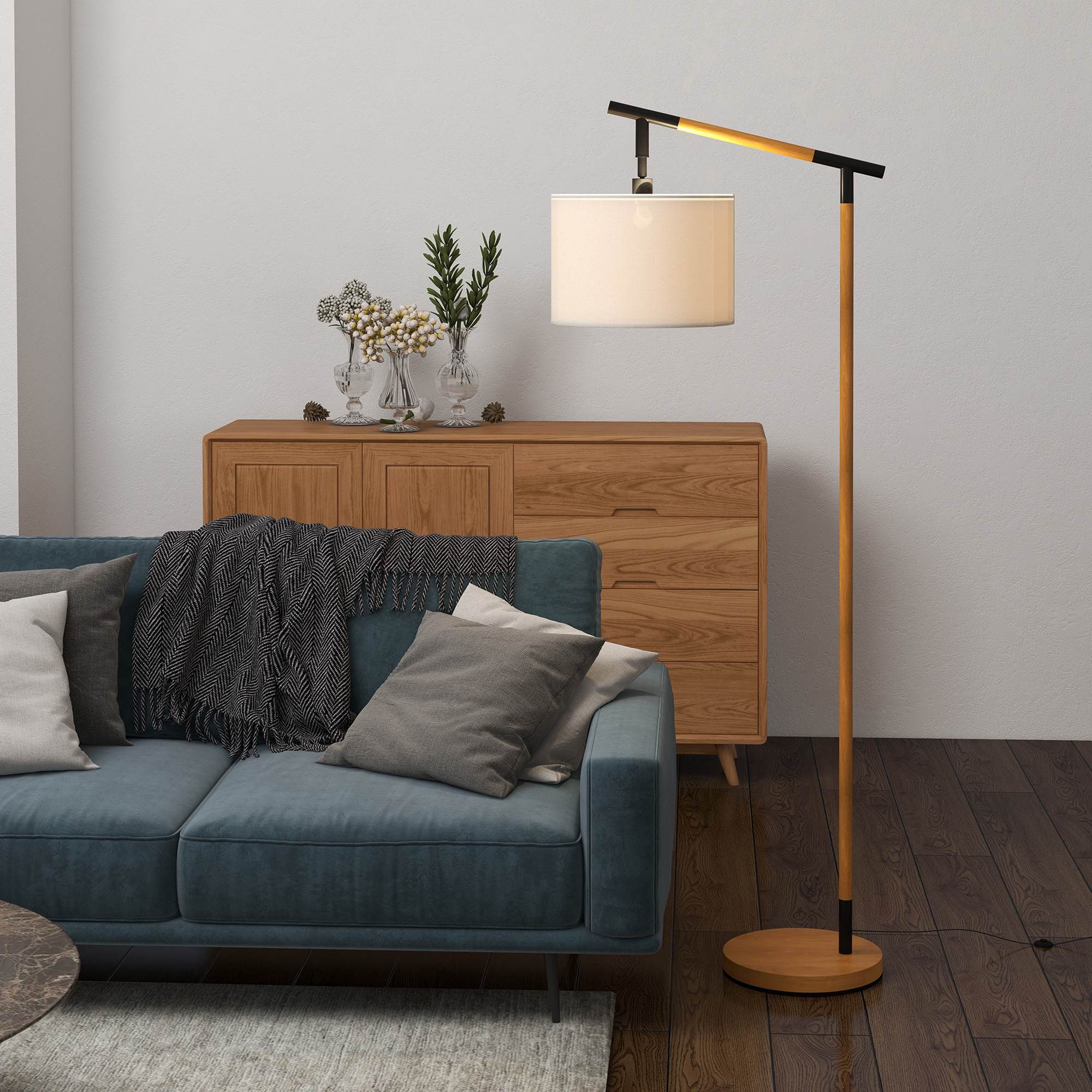 HOMCOM Modern Floor Lamp with 350Â° Rotating Lampshade, for Living Room and Bedroom, LED Bulb Included, Brown
