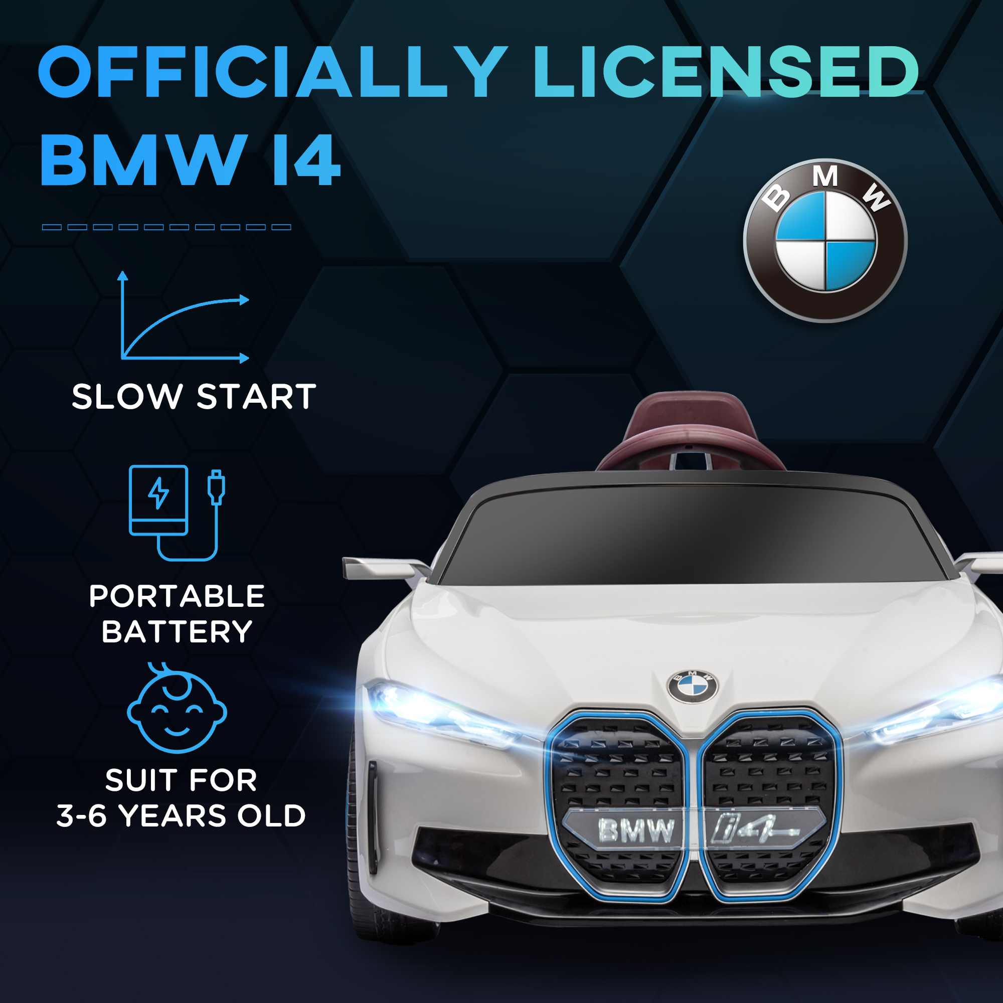 HOMCOM BMW i4 Licensed 12V Kids Electric Ride on Car w/ Remote Control, Powered Electric Car w/ Portable Battery, Music, for Kids Aged 3-6, White
