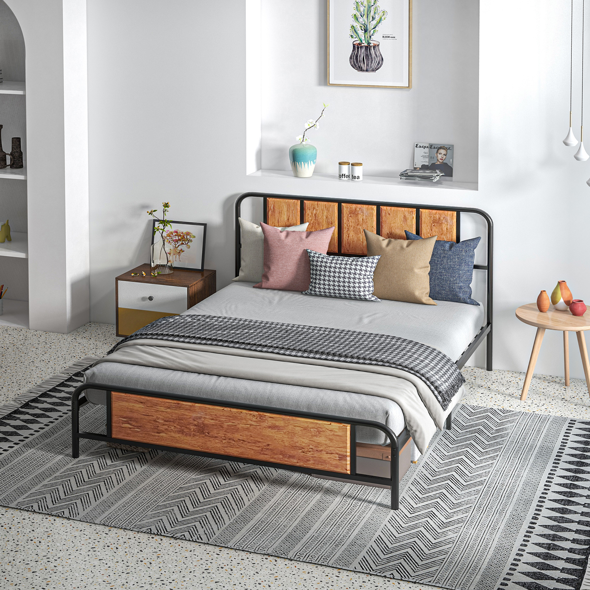 HOMCOM King Size Metal Bed Frame, Industrial Style Base with Headboard, Footboard, Steel Support Slats, and Underbed Storage Space, 160 x 207cm