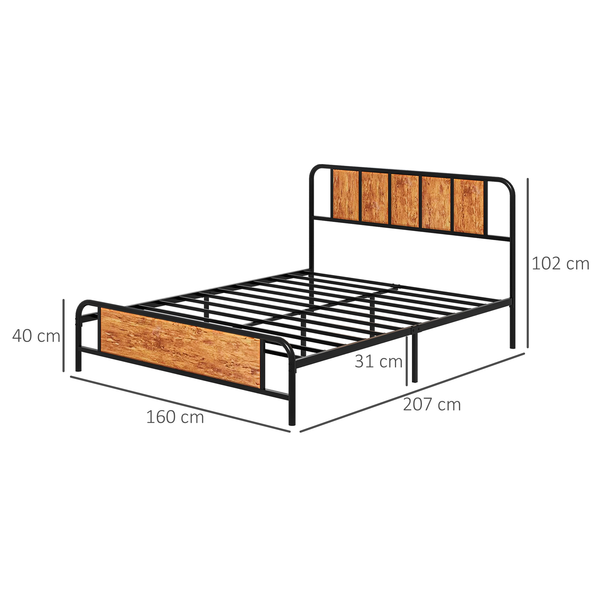 HOMCOM King Size Metal Bed Frame, Industrial Style Base with Headboard, Footboard, Steel Support Slats, and Underbed Storage Space, 160 x 207cm