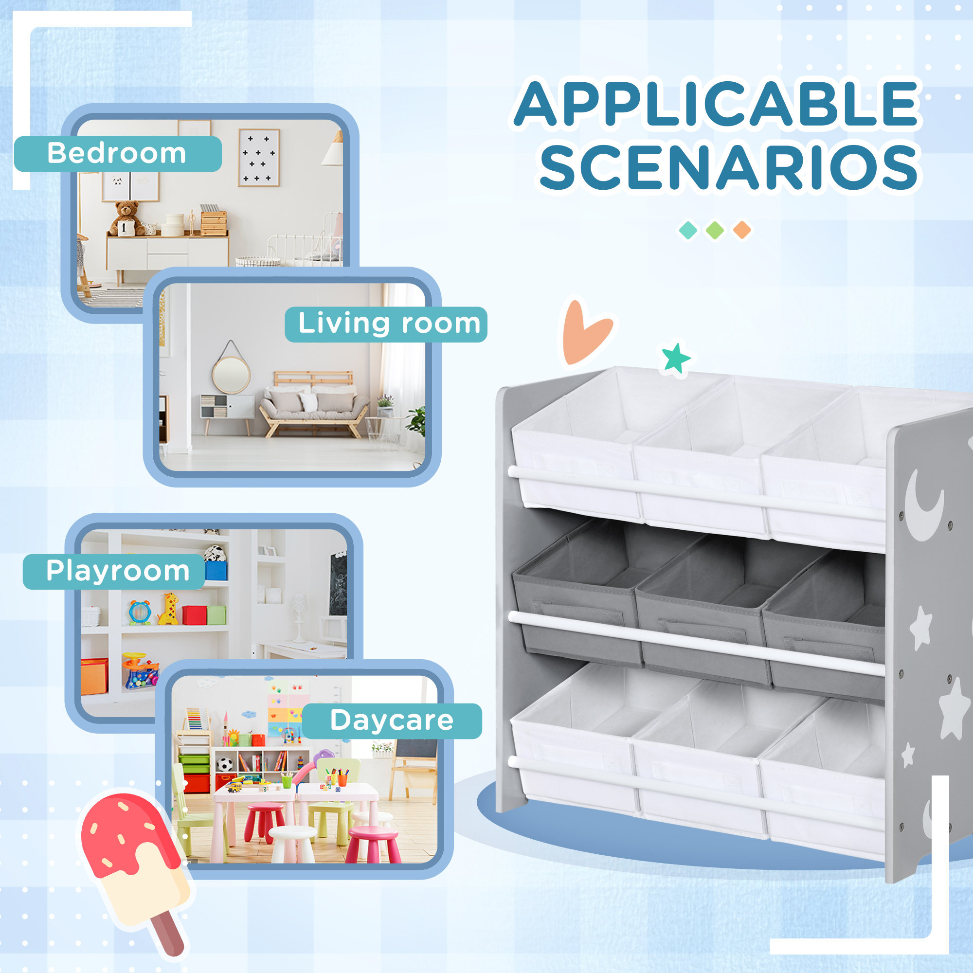 ZONEKIZ Nursery Playroom Storage Unit with 9 Bins, Children's Toy Organiser and Bookshelf, Grey