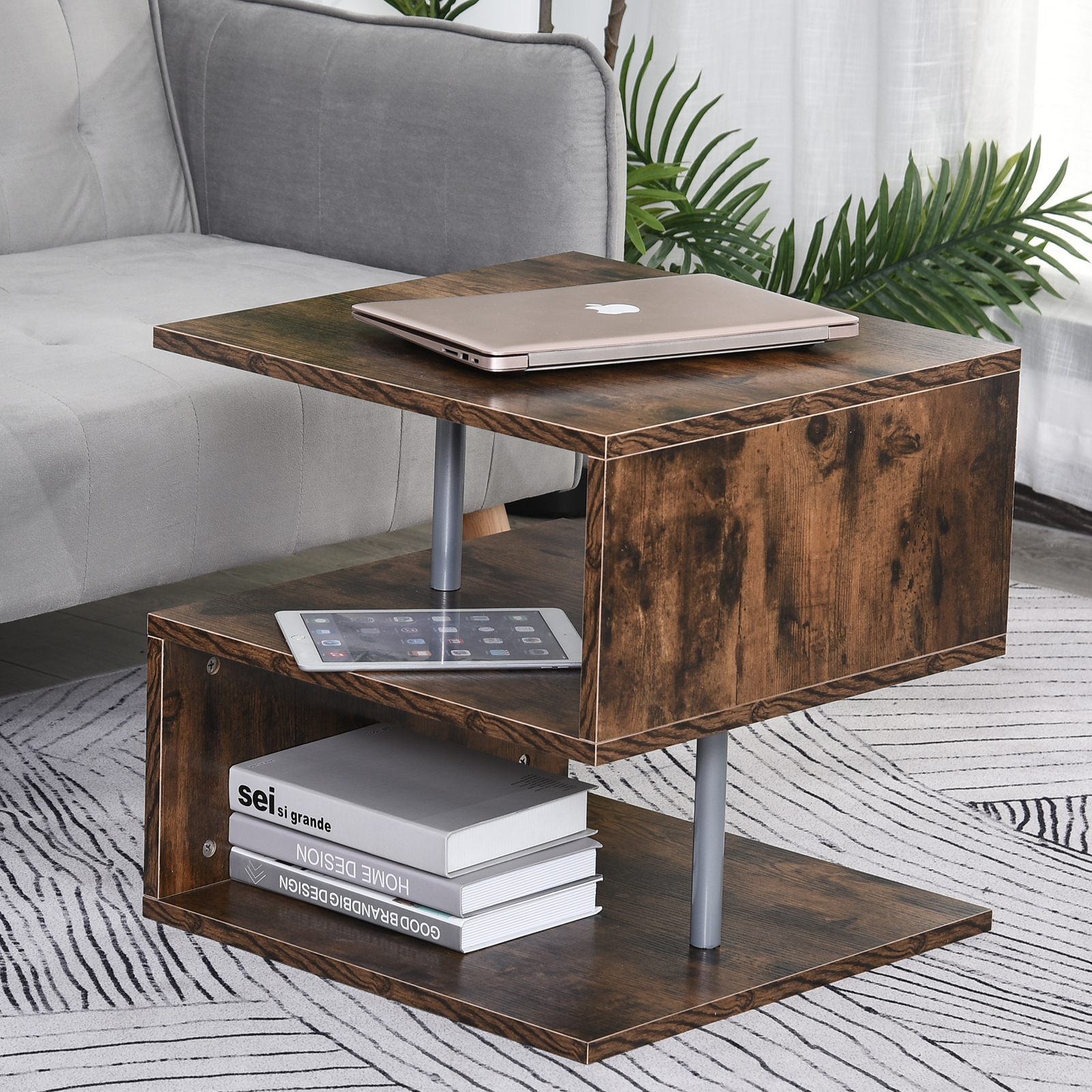 HOMCOM Coffee End Table S shape 2 Tier Storage Shelves Organizer Versatile Home office furniture (Natural)