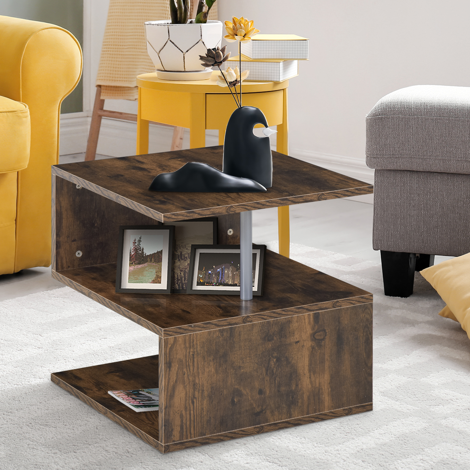 HOMCOM Coffee End Table S shape 2 Tier Storage Shelves Organizer Versatile Home office furniture (Natural)