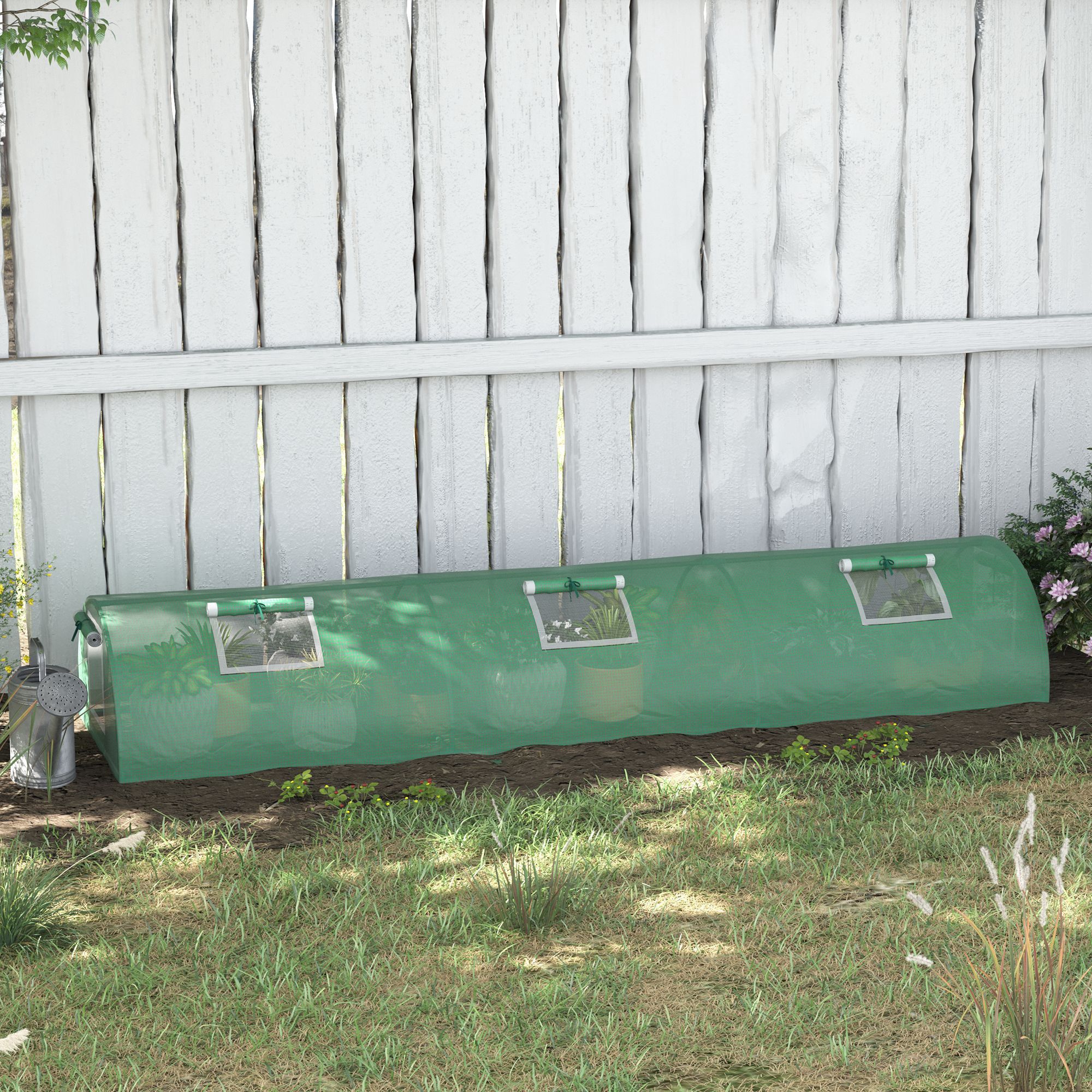 Outsunny PE Mini Greenhouse, 3m Portable Tunnel Green House with 5 Mesh Windows, Green Grow House Steel Frame for Indoor and Outdoor, Green