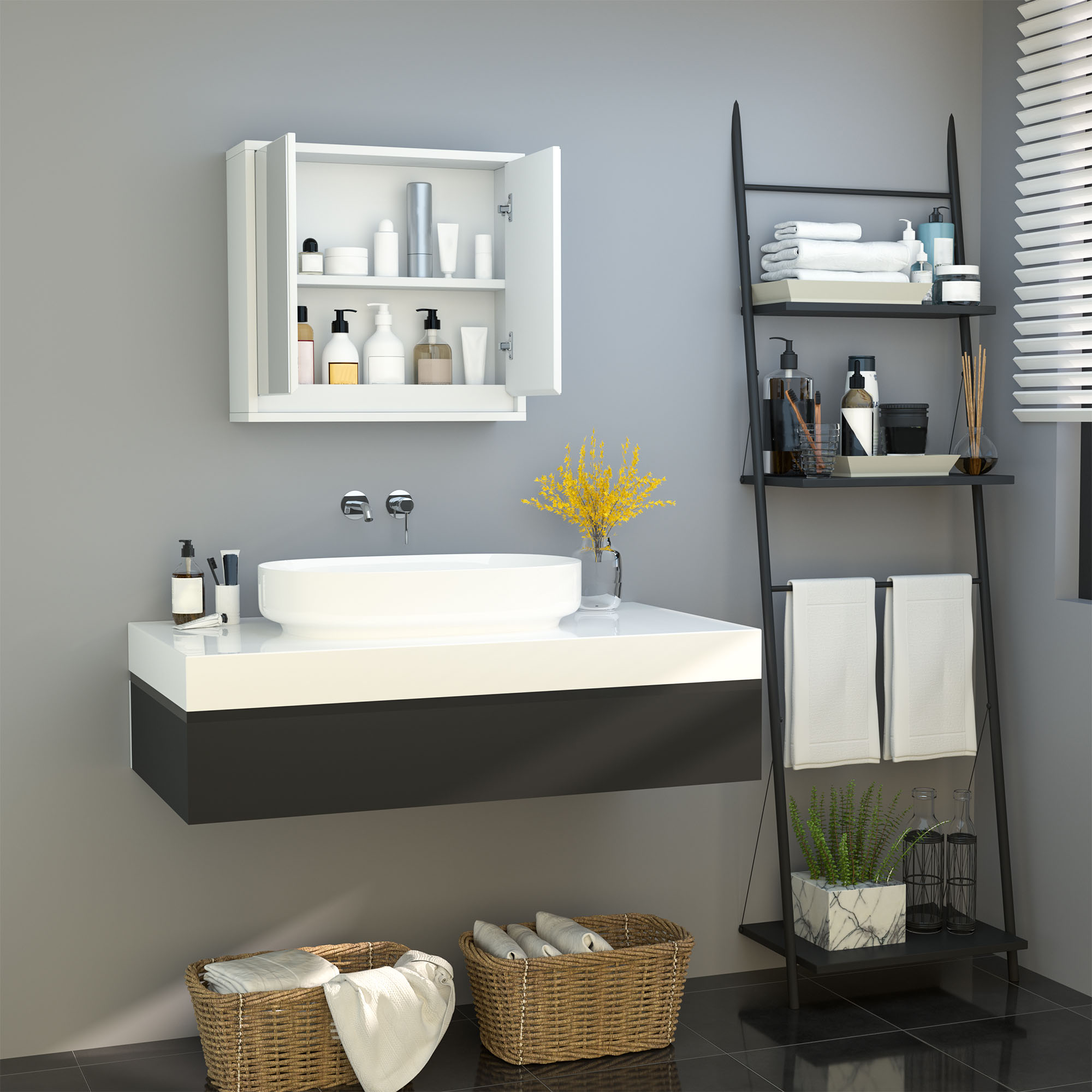 HOMCOM Bathroom Mirror Cabinet, Double Door Wall Mounted with Storage Shelf, Space-Saving Cupboard, White