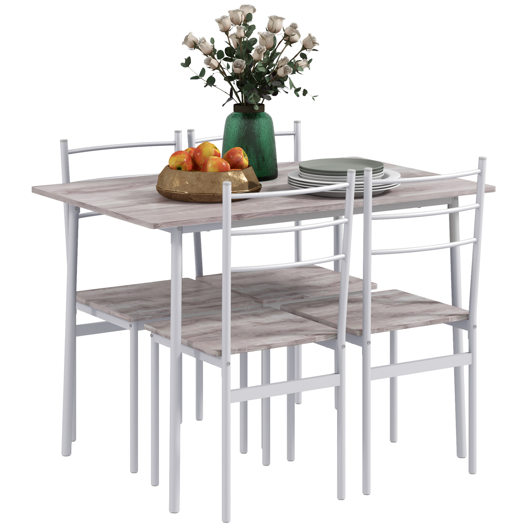 HOMCOM Conjunto de Refeição 5 Peças Conjunto de Mesa e 4 Cadeiras para 4 Pessoas com Estrutura de Aço 110x70x75 cm Madeira e Branco   Aosom Portugal