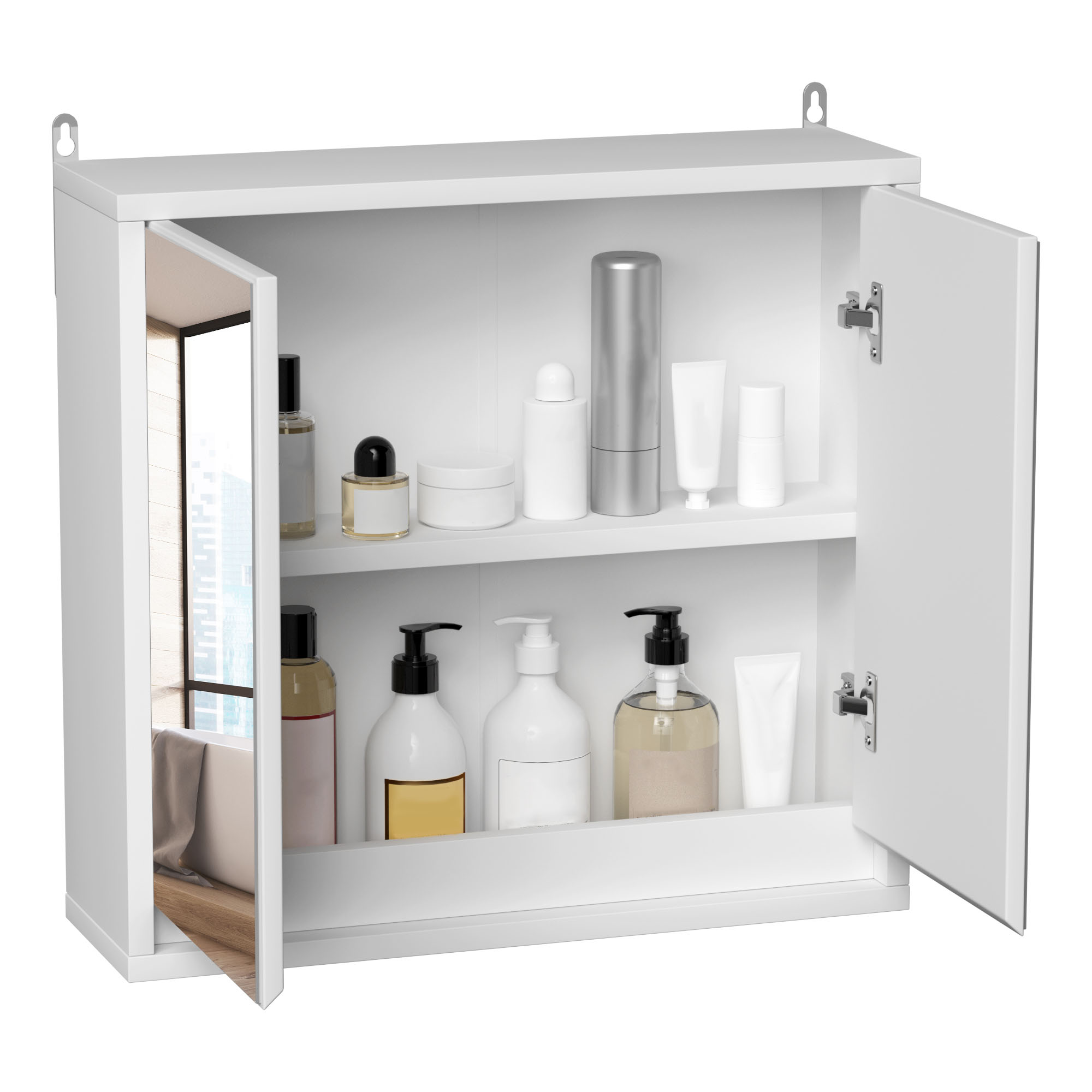 HOMCOM Bathroom Mirror Cabinet, Double Door Wall Mounted with Storage Shelf, Space-Saving Cupboard, White