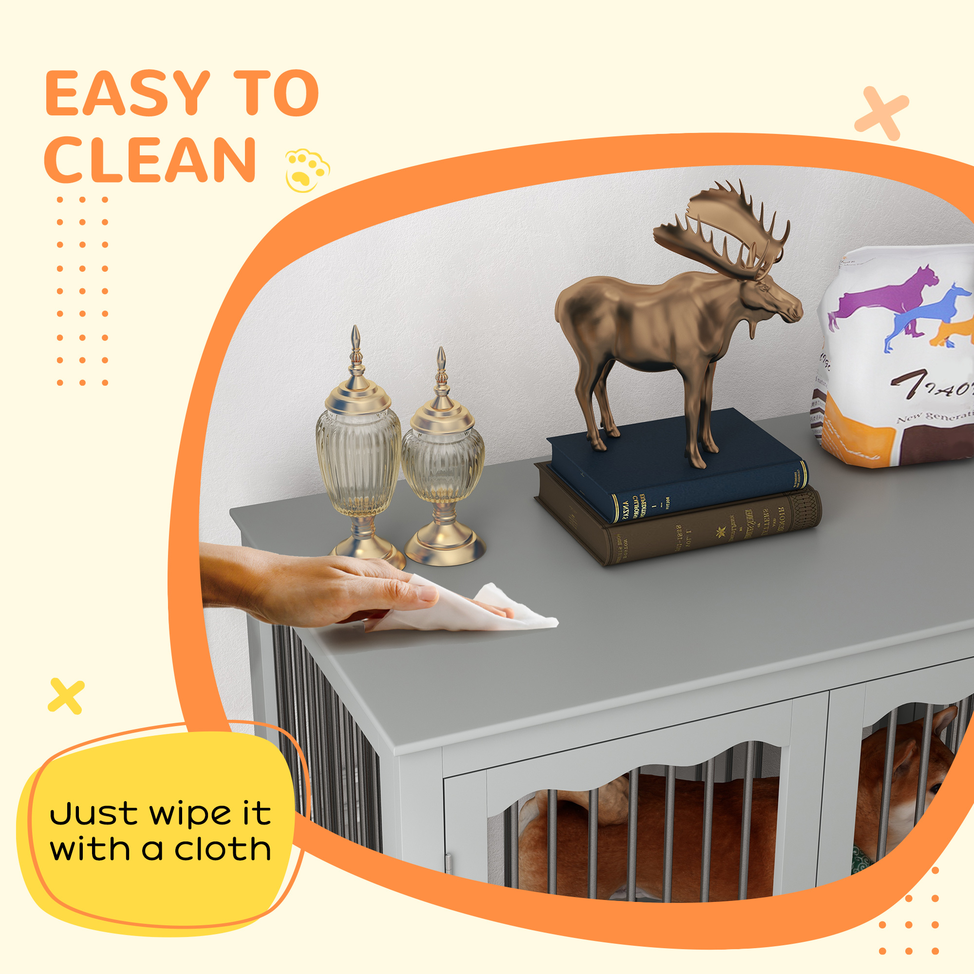 PawHut Dog Crate End Table w/ Three Doors, Furniture Style Dog Crate, for Big Dogs, Indoor Use w/ Locks and Latches - Grey