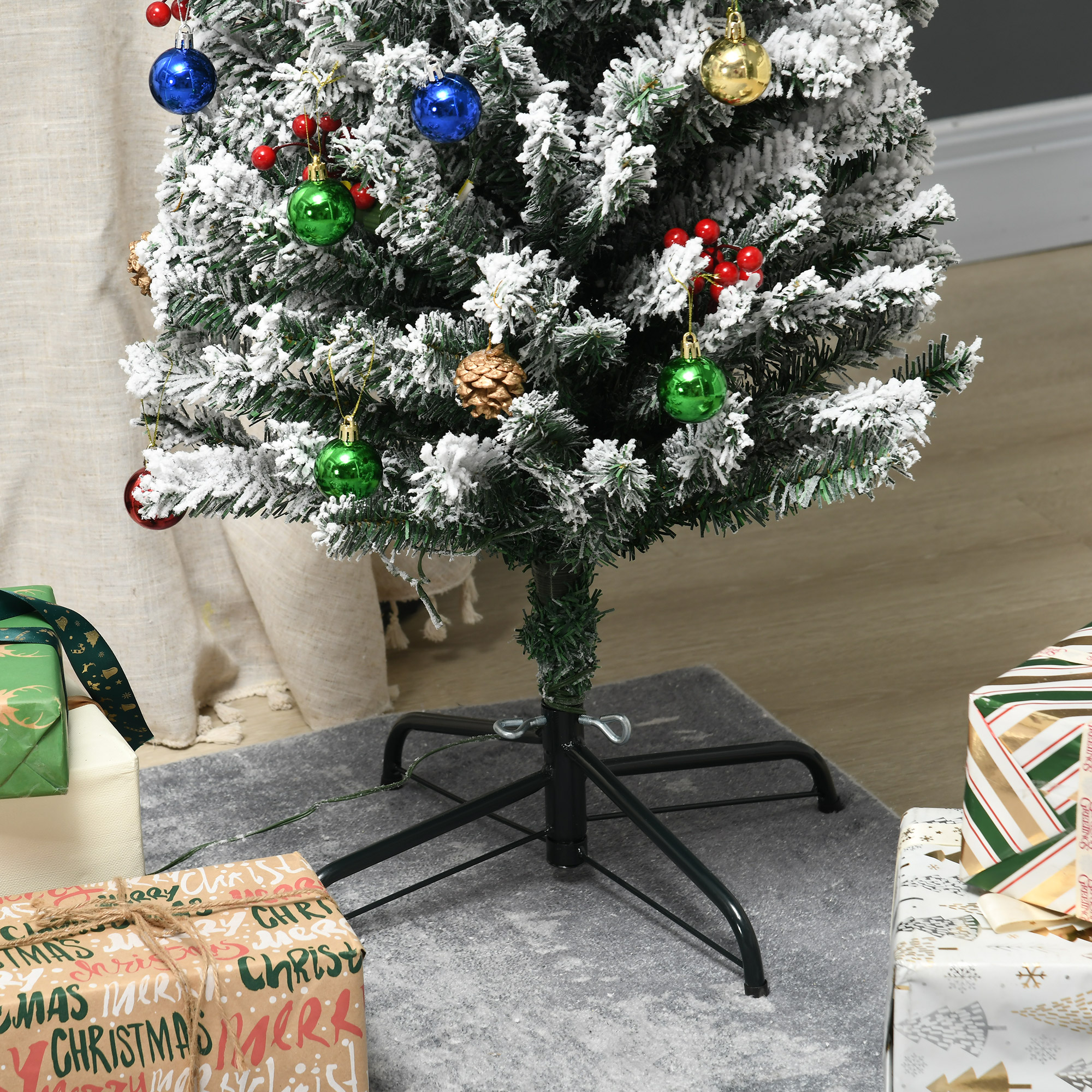 HOMCOM 6' Artificial Prelit Christmas Trees Holiday DÃ©cor with Warm White LED Lights, Flocked Tips, Berry, Pine Cone
