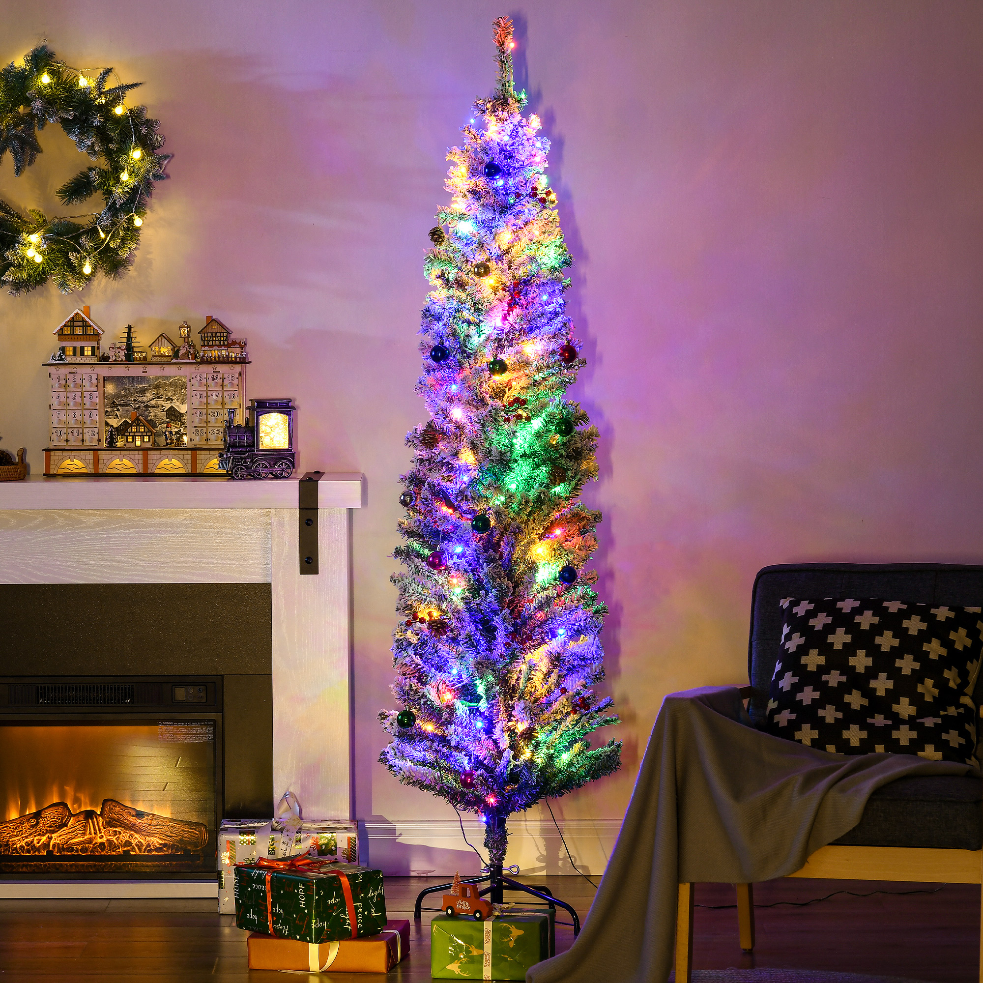 HOMCOM 6' Artificial Prelit Christmas Trees Holiday DÃ©cor with Warm White LED Lights, Flocked Tips, Berry, Pine Cone