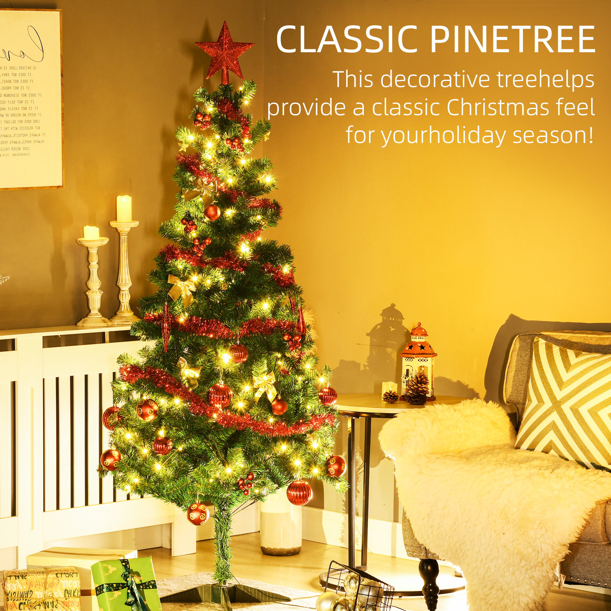 HOMCOM 6' Artificial Prelit Christmas Trees Holiday DÃ©cor with Warm White LED Lights, Auto Open, Tinsel, Ball, Star