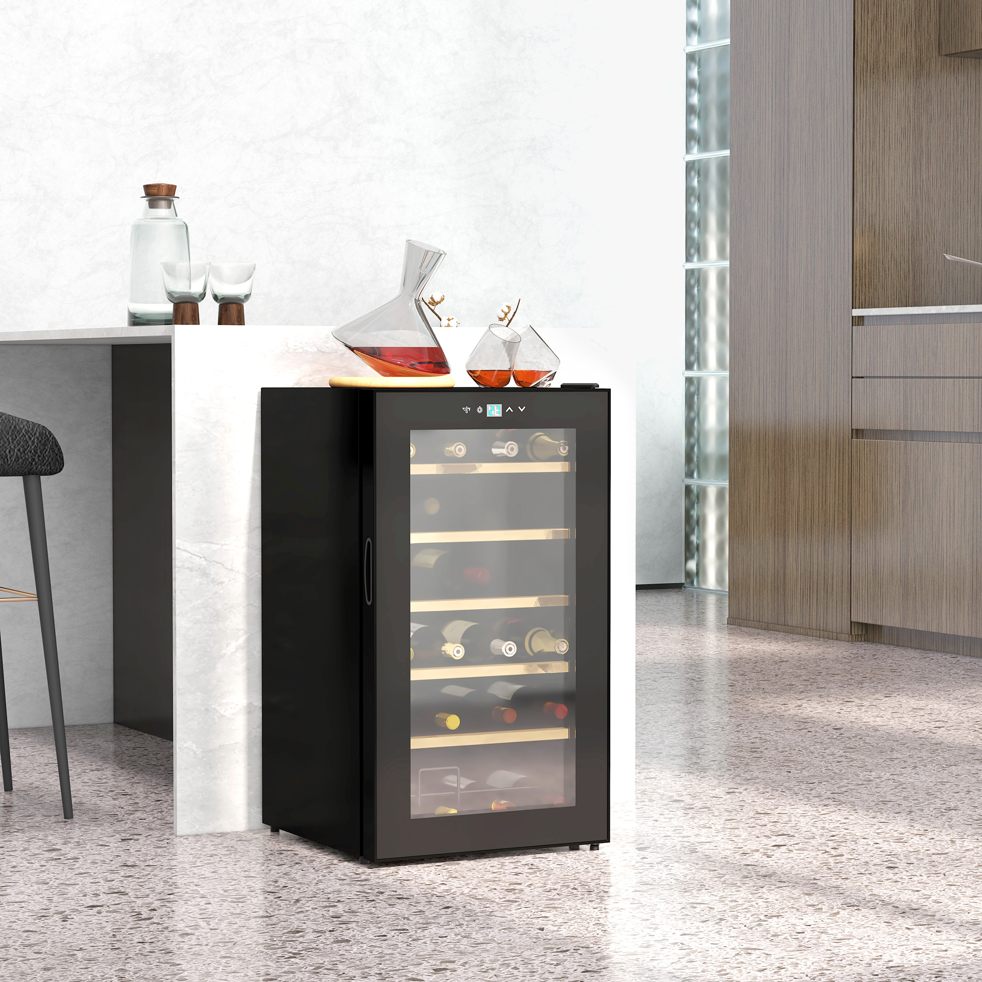 HOMCOM 24 Bottles Freestanding Wine Fridge w/ Glass Door, 65L Single Zone Wine Cooler Fridge w/ Digital Touch Screen Controls, LED Light, Black