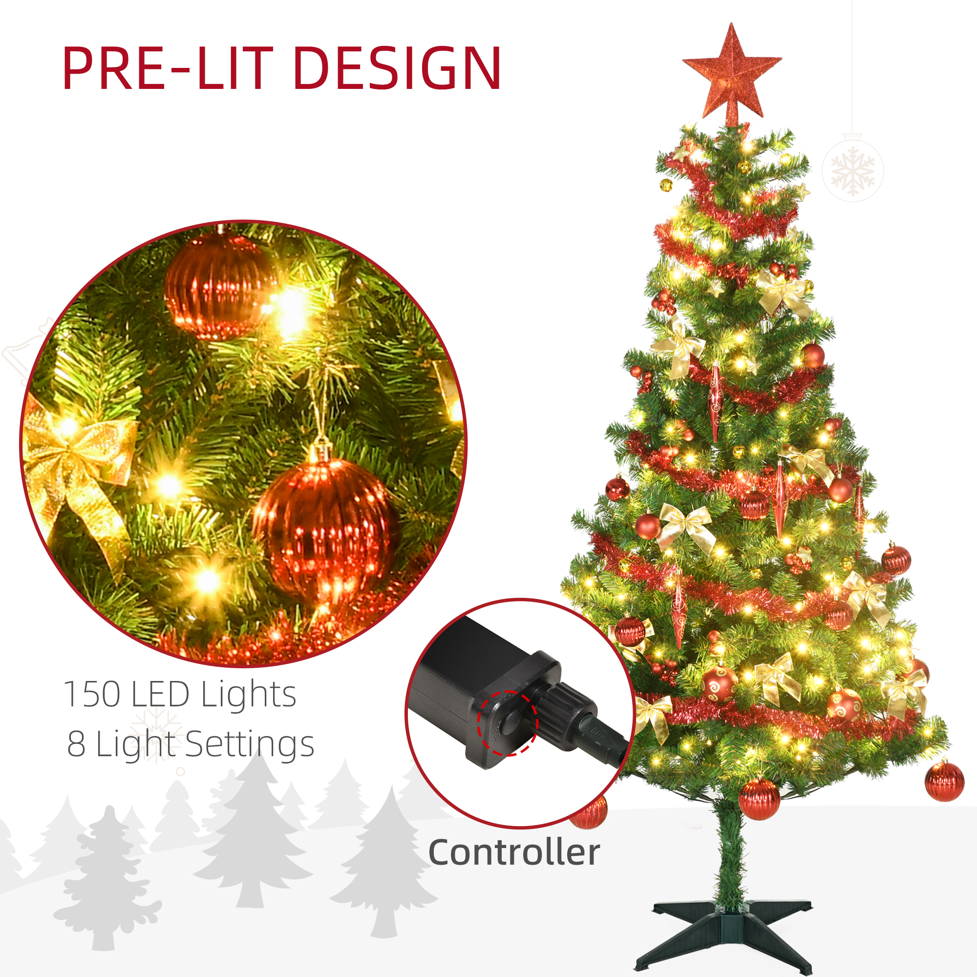 HOMCOM 6' Artificial Prelit Christmas Trees Holiday DÃ©cor with Warm White LED Lights, Auto Open, Tinsel, Ball, Star