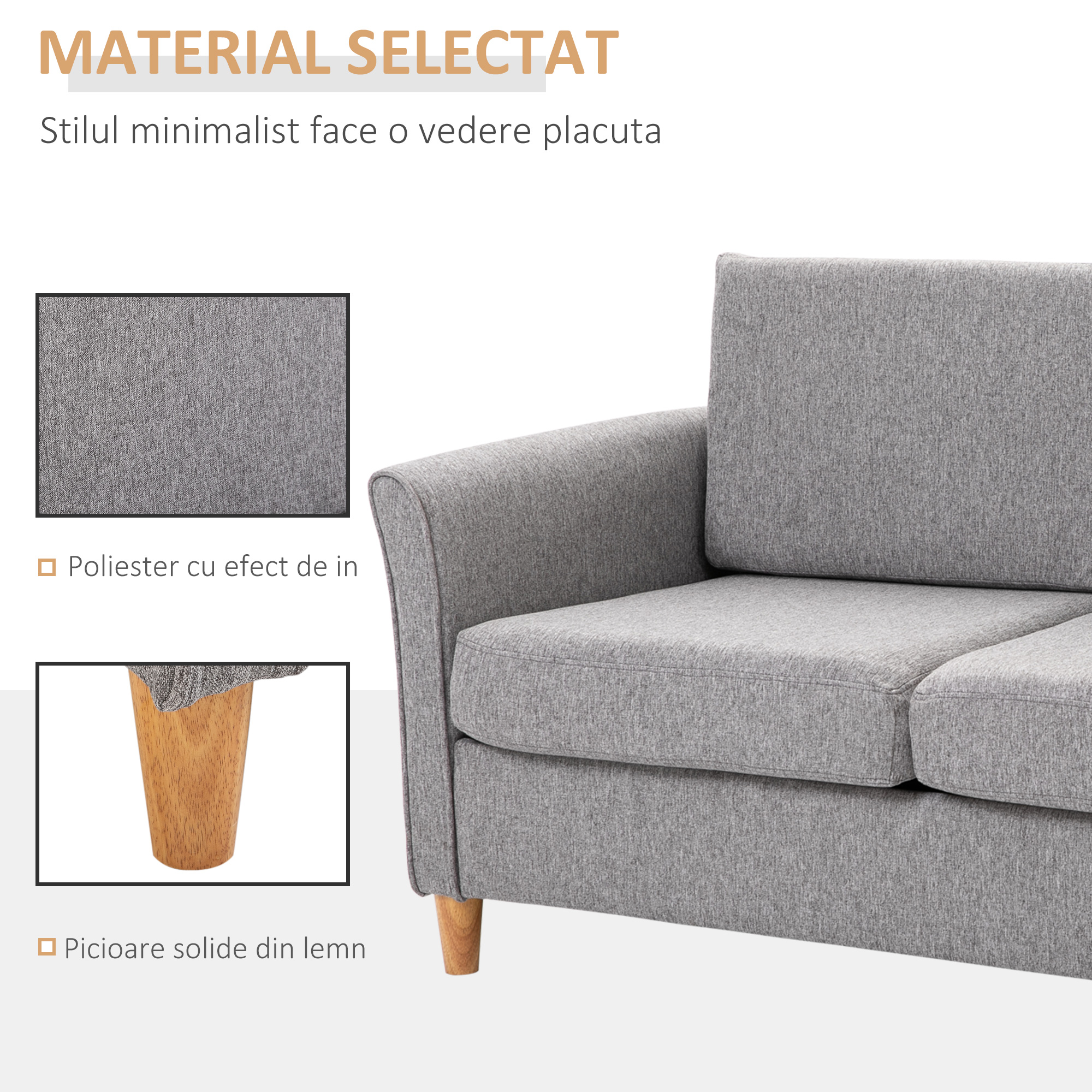  Canapea Doua Locuri cu Invelis in Lin Gri si Schelet in Lemn 141x70x78cm [4]